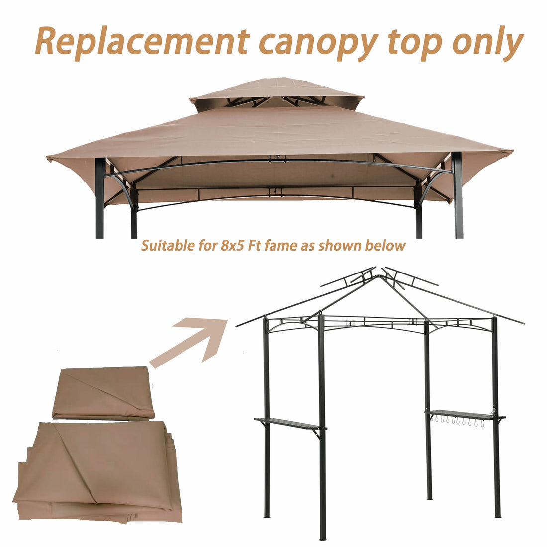 8X5Ft Grill Gazebo Replacement Canopy,Double Tiered Bbq Tent Roof Top Cover,Beige Beige Fabric