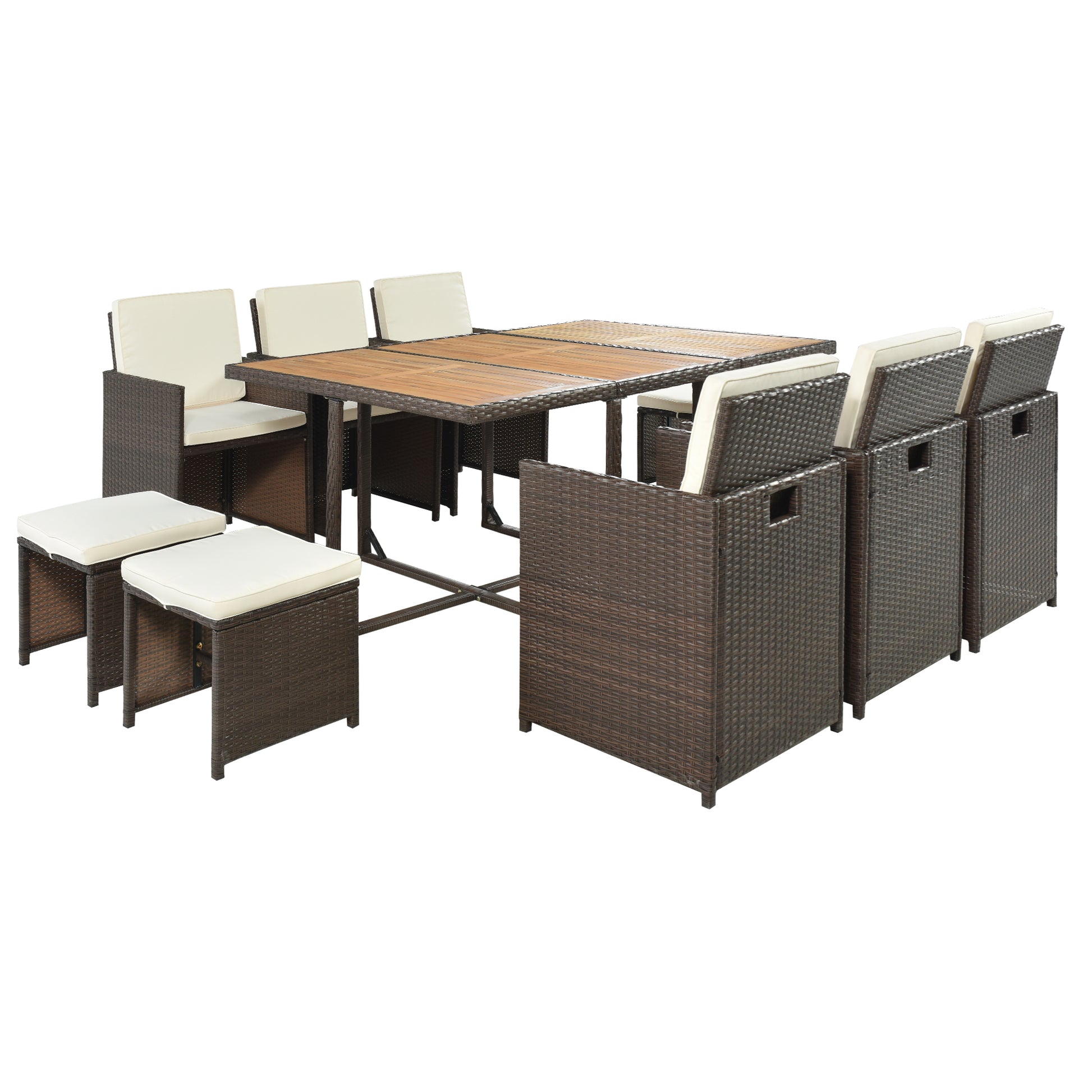 11 Piece Patio All Weather Pe Wicker Dining Table Set With Wood Tabletop For 10, Brown Rattan Beige Cushion Yes Complete Patio Set Brown Water Resistant Frame Water Resistant Cushion Garden & Outdoor Casual Complete Patio Sets Foam Rattan