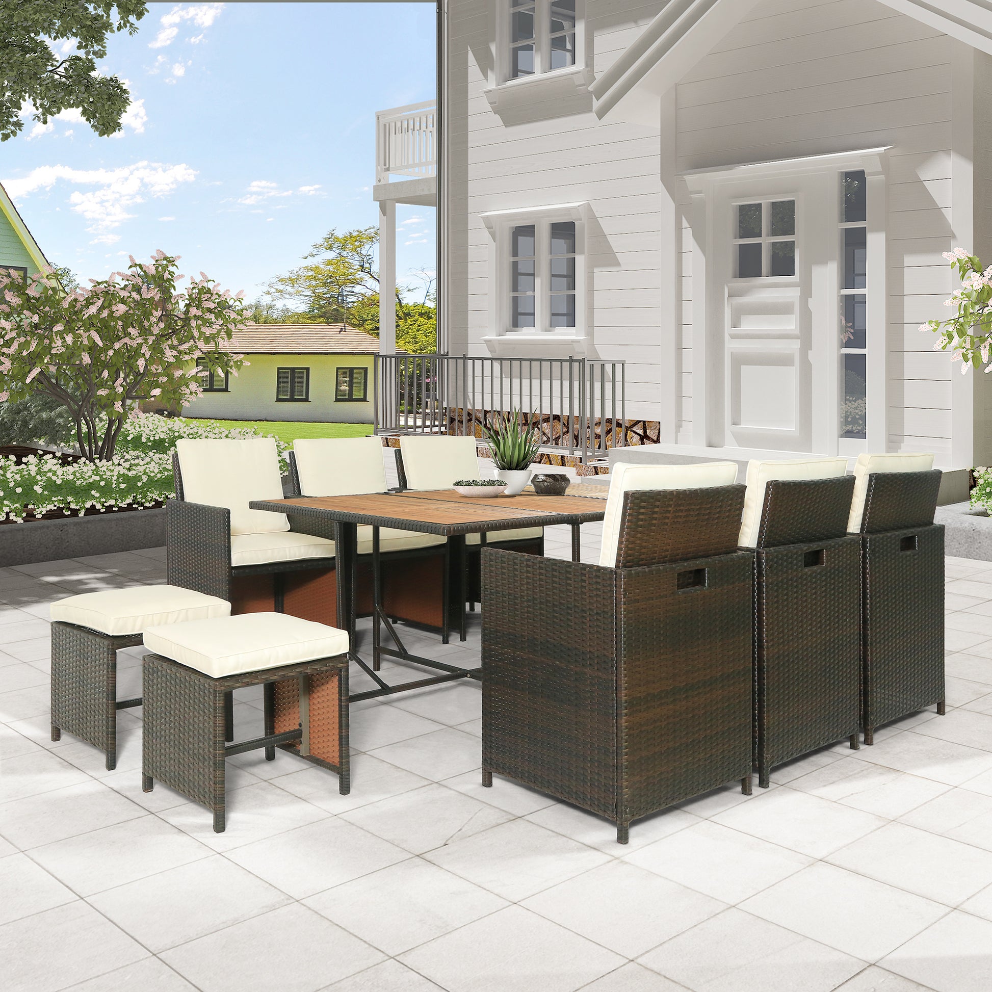 11 Piece Patio All Weather Pe Wicker Dining Table Set With Wood Tabletop For 10, Brown Rattan Beige Cushion Yes Complete Patio Set Brown Water Resistant Frame Water Resistant Cushion Garden & Outdoor Casual Complete Patio Sets Foam Rattan
