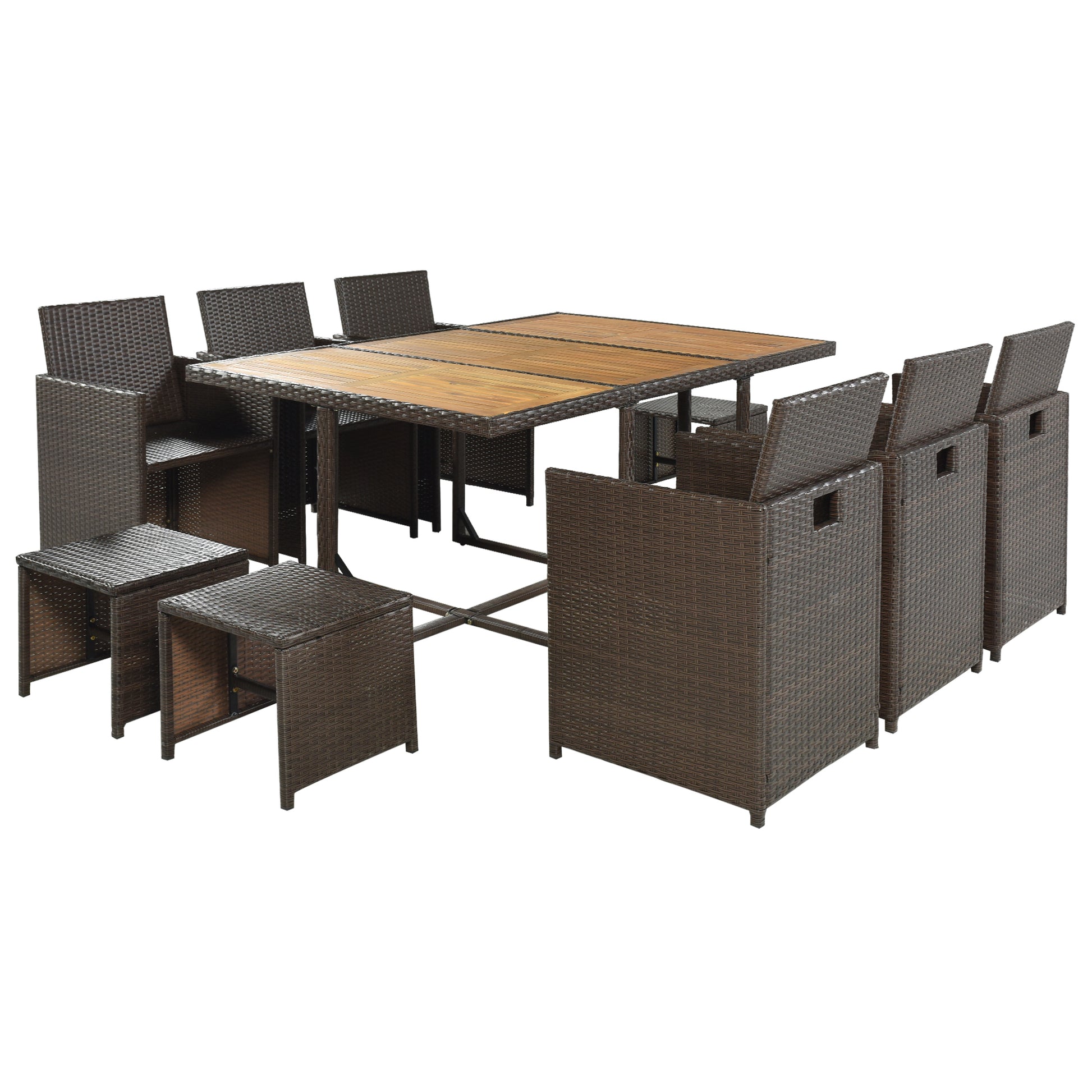 11 Piece Patio All Weather Pe Wicker Dining Table Set With Wood Tabletop For 10, Brown Rattan Beige Cushion Yes Complete Patio Set Brown Water Resistant Frame Water Resistant Cushion Garden & Outdoor Casual Complete Patio Sets Foam Rattan