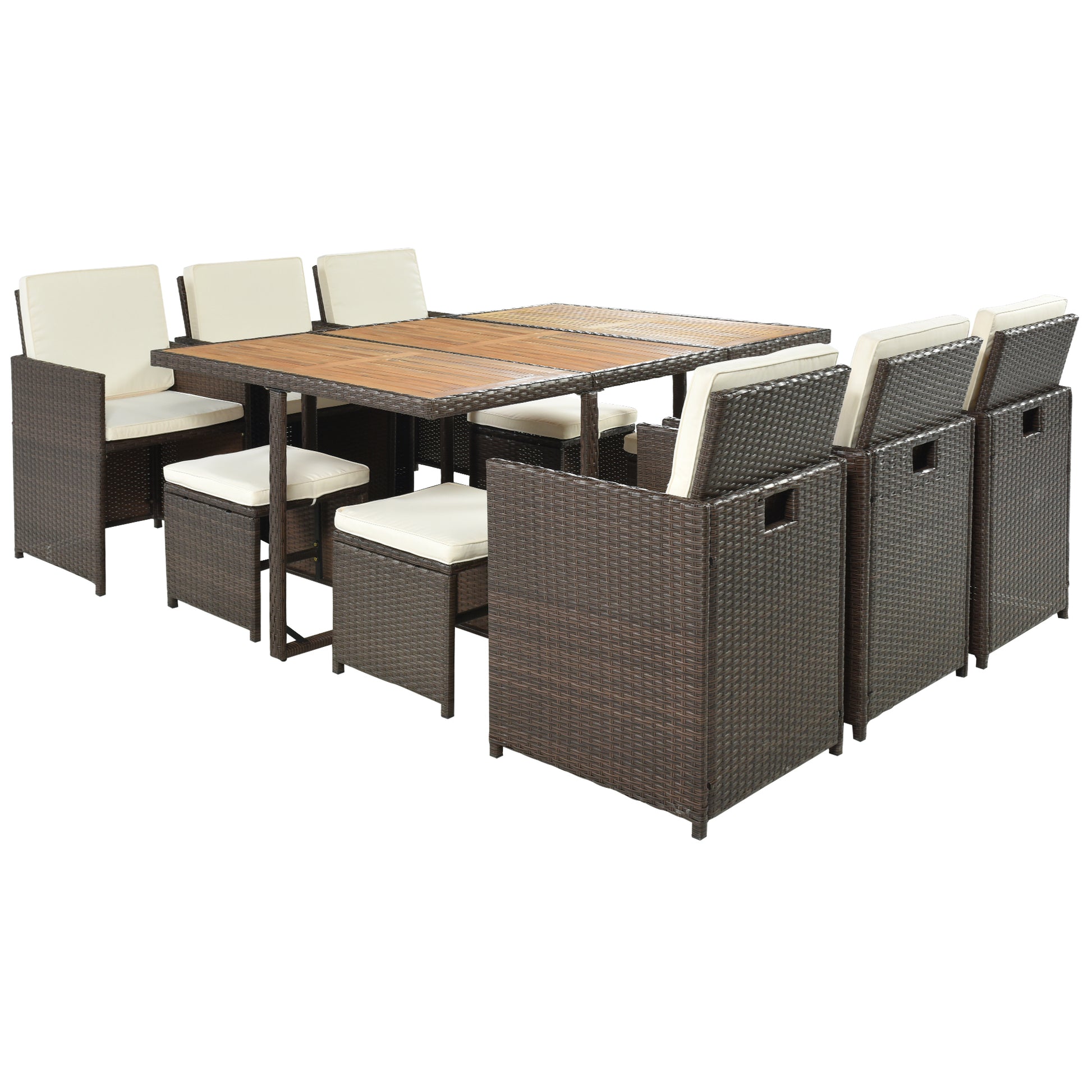 11 Piece Patio All Weather Pe Wicker Dining Table Set With Wood Tabletop For 10, Brown Rattan Beige Cushion Yes Complete Patio Set Brown Water Resistant Frame Water Resistant Cushion Garden & Outdoor Casual Complete Patio Sets Foam Rattan