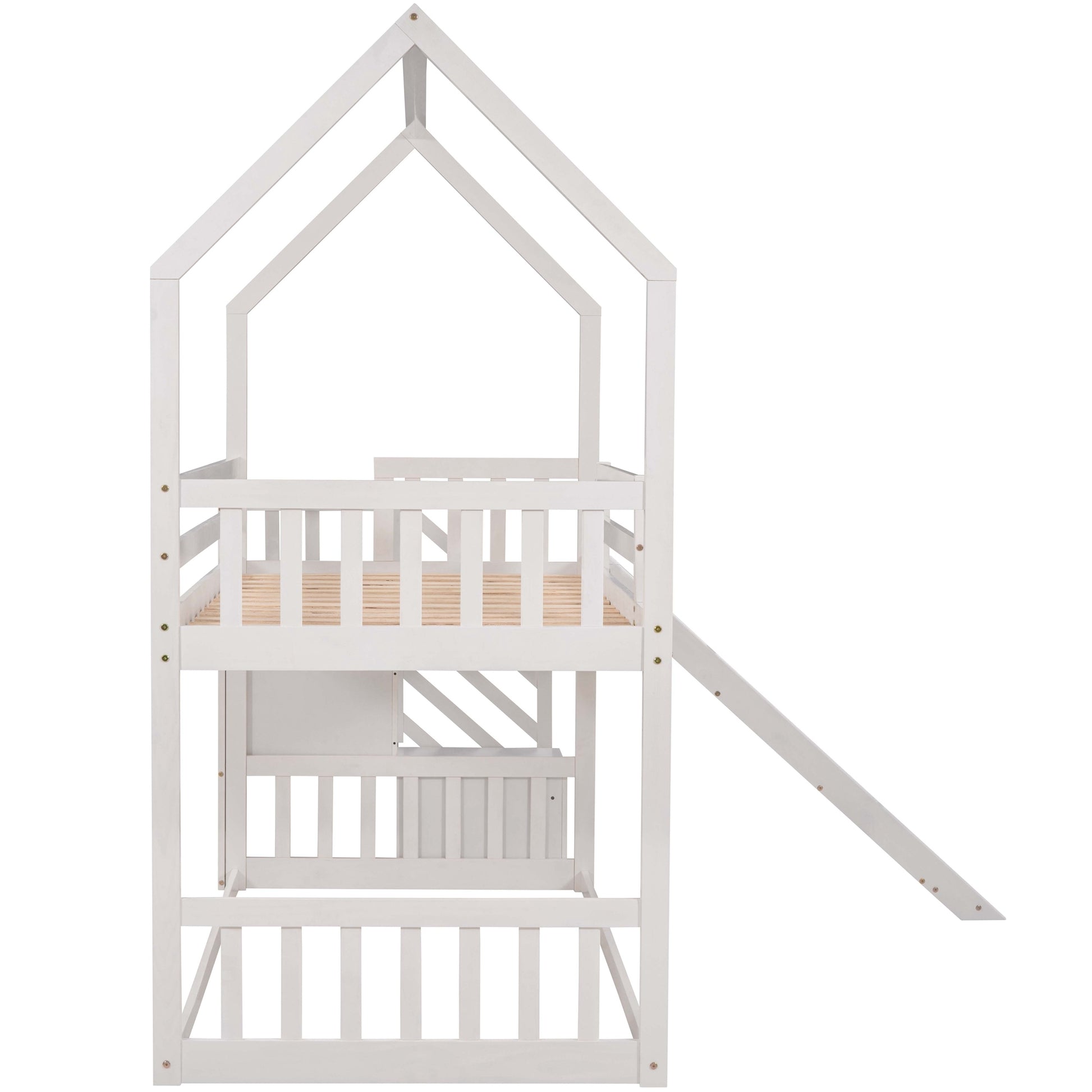 Twin Over Twin House Bunk Bed With Convertible Slide,Storage Staircase,White White Pine