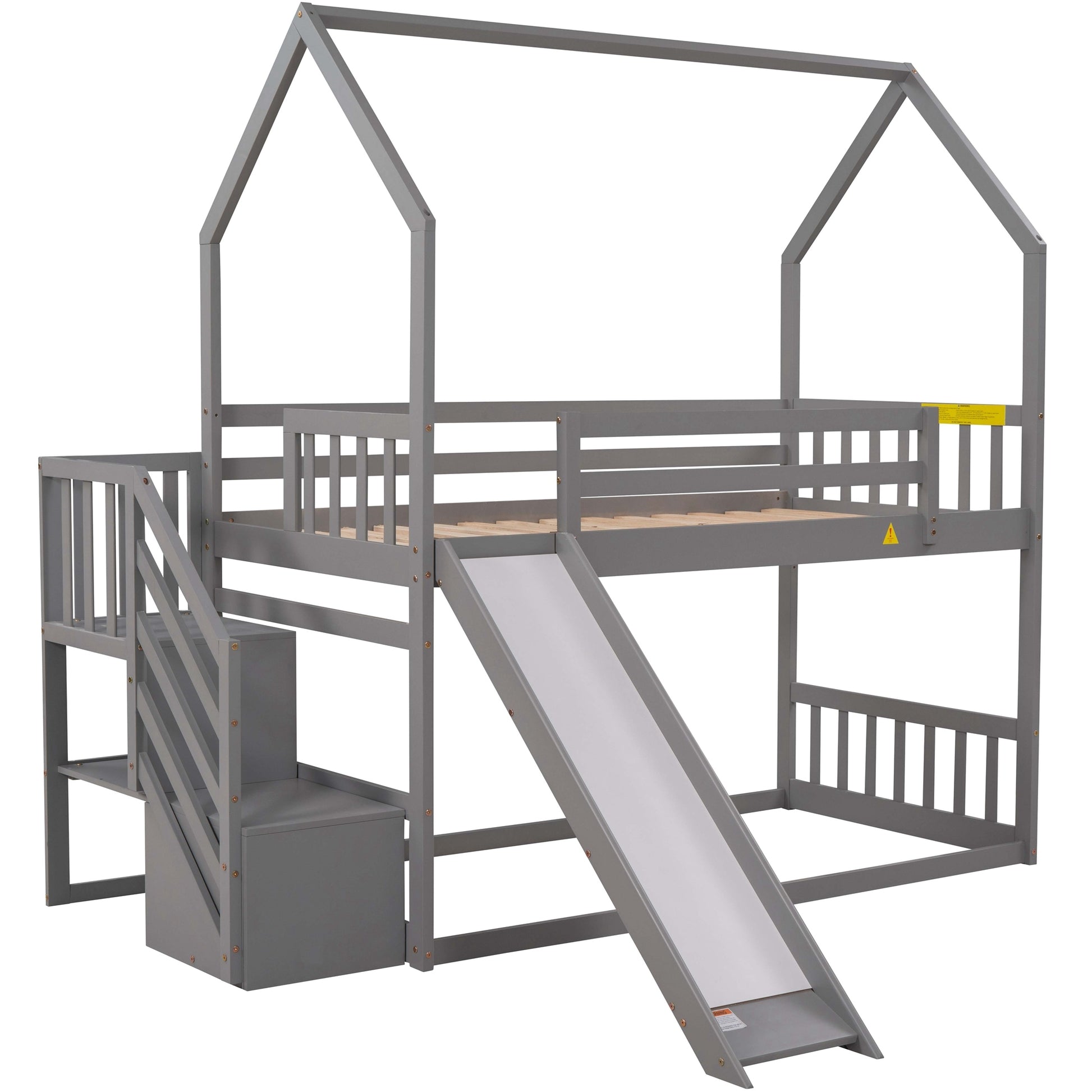 Twin Over Twin House Bunk Bed With Convertible Slide,Storage Staircase Can Be Placed Left Or Right,Gray Gray Pine