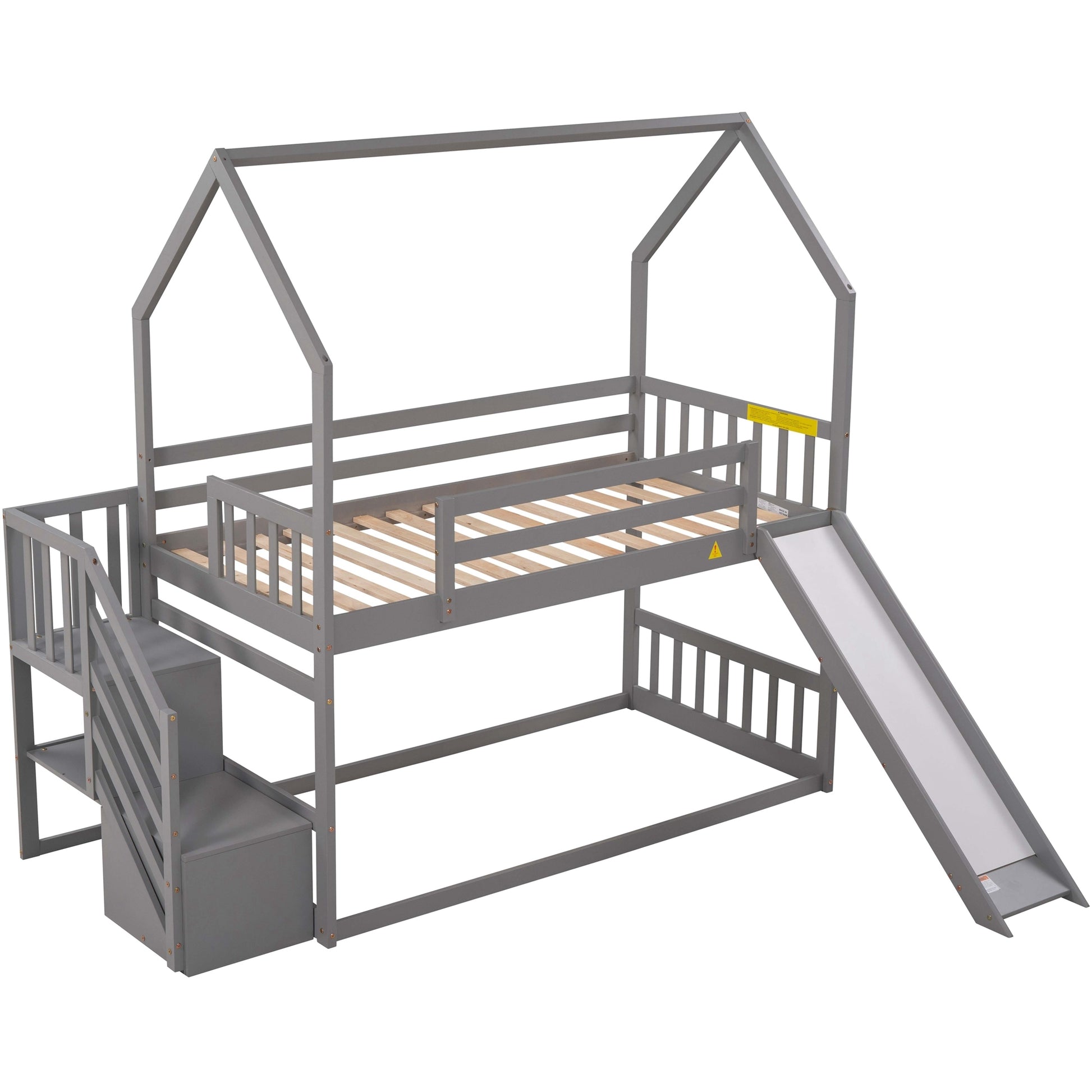 Twin Over Twin House Bunk Bed With Convertible Slide,Storage Staircase Can Be Placed Left Or Right,Gray Gray Pine