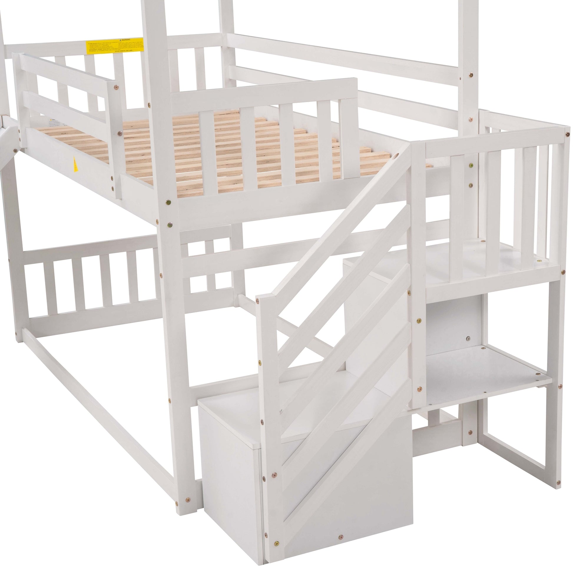 Twin Over Twin House Bunk Bed With Convertible Slide,Storage Staircase,White White Pine