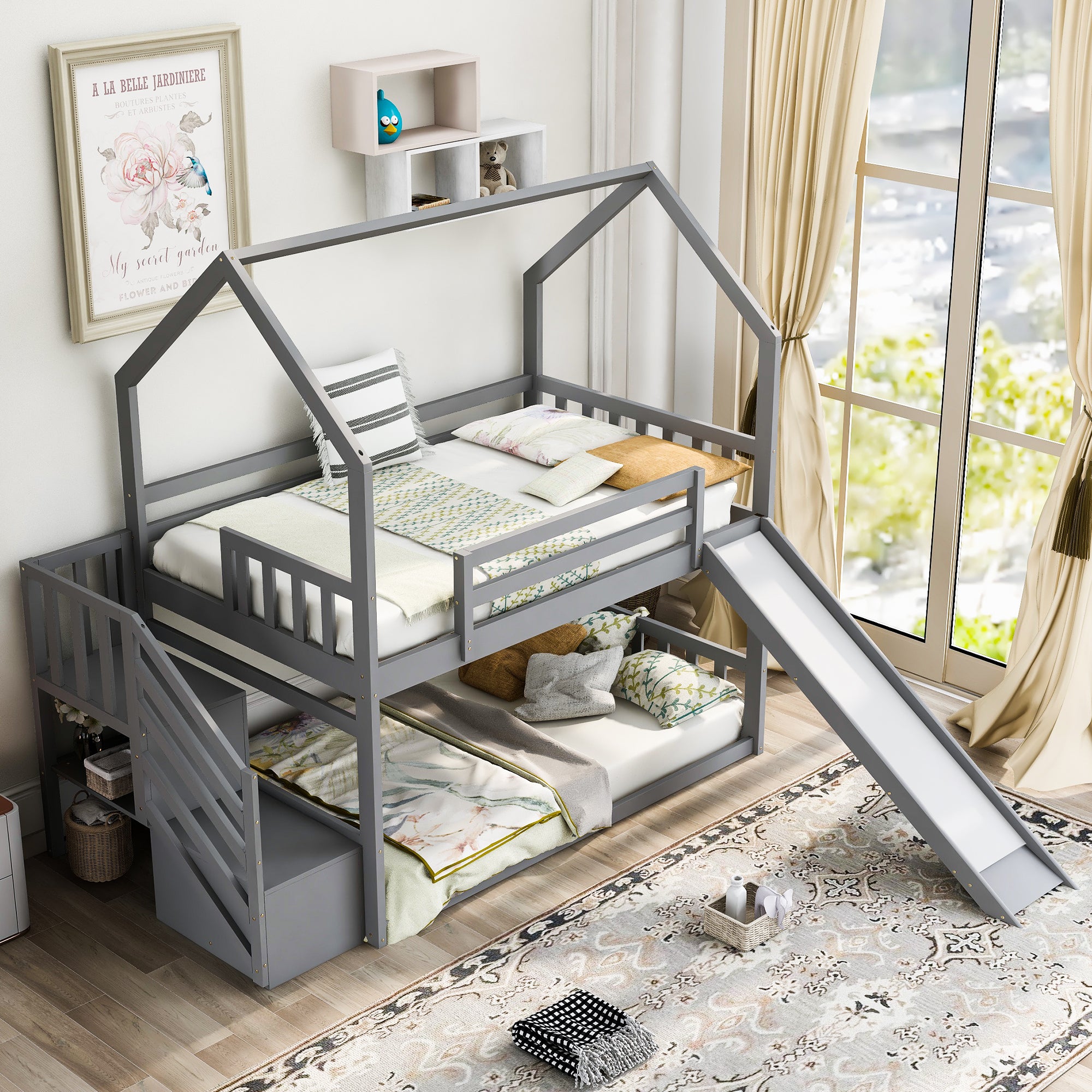 Twin Over Twin House Bunk Bed With Convertible Slide,Storage Staircase Can Be Placed Left Or Right,Gray Gray Pine