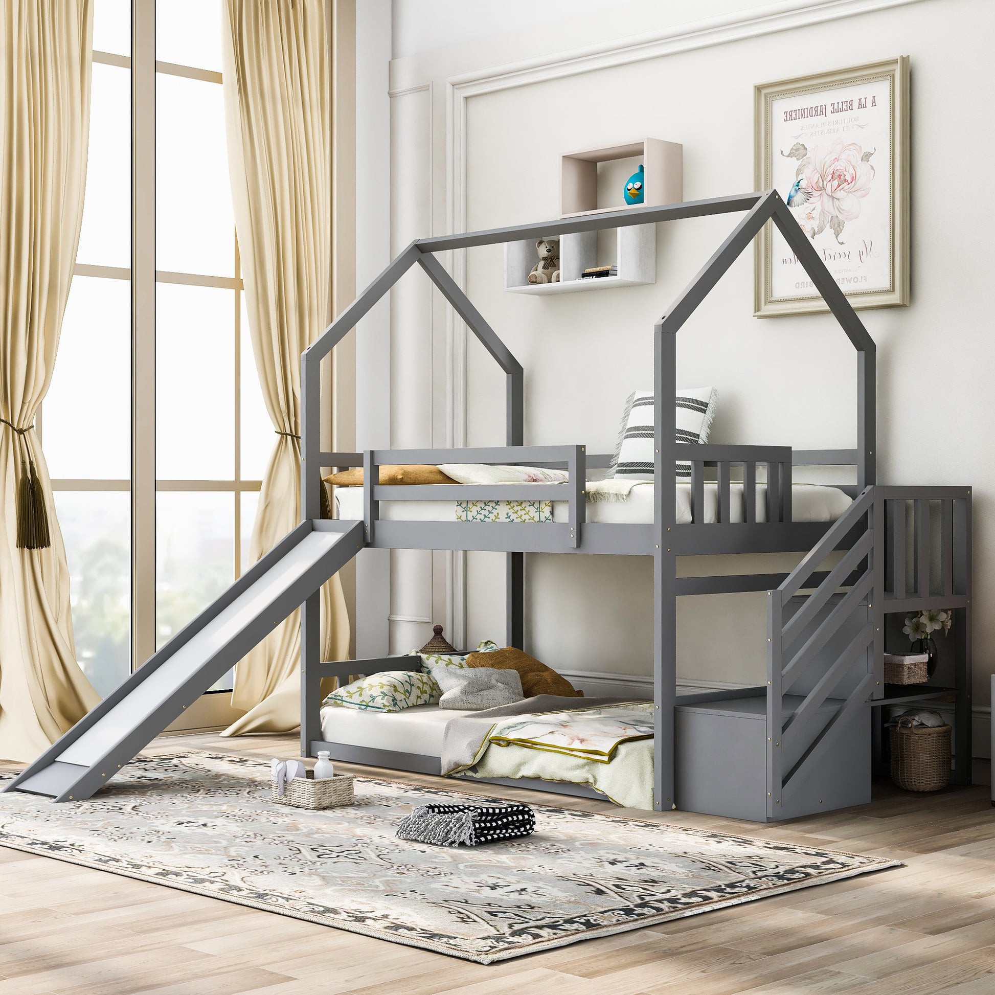 Twin Over Twin House Bunk Bed With Convertible Slide,Storage Staircase Can Be Placed Left Or Right,Gray Gray Pine