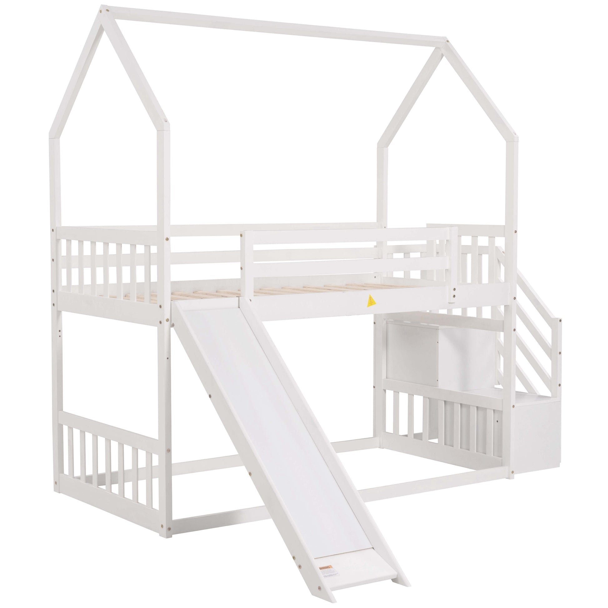 Twin Over Twin House Bunk Bed With Convertible Slide,Storage Staircase,White White Pine