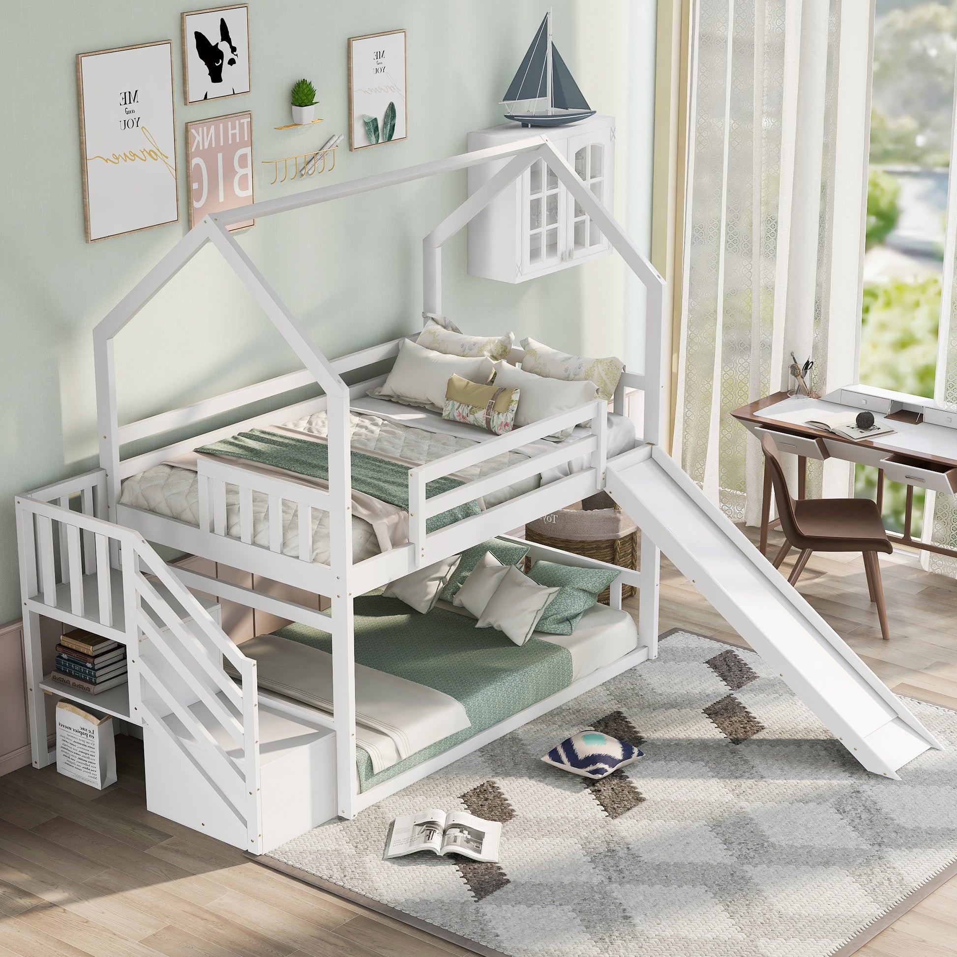 Twin Over Twin House Bunk Bed With Convertible Slide,Storage Staircase,White White Pine