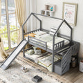 Twin Over Twin House Bunk Bed With Convertible Slide,Storage Staircase Can Be Placed Left Or Right,Gray Gray Pine