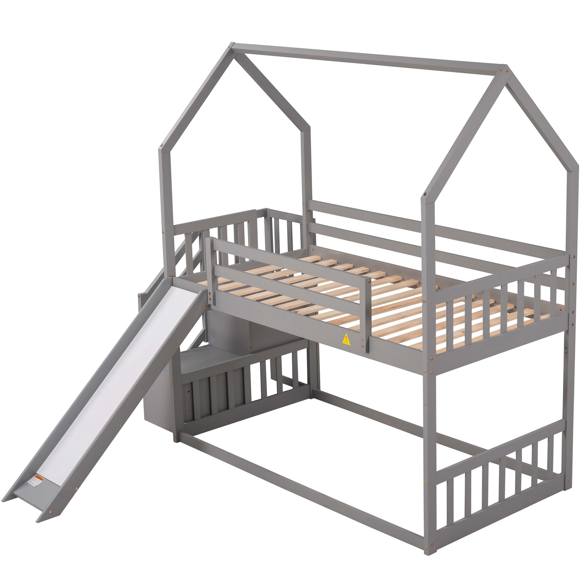 Twin Over Twin House Bunk Bed With Convertible Slide,Storage Staircase Can Be Placed Left Or Right,Gray Gray Pine