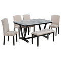 Modern Style 6 Piece Dining Table With 4 Chairs & 1 Bench, Table With Marbled Veneers Tabletop And V Shaped Table Legs White White Solid Wood