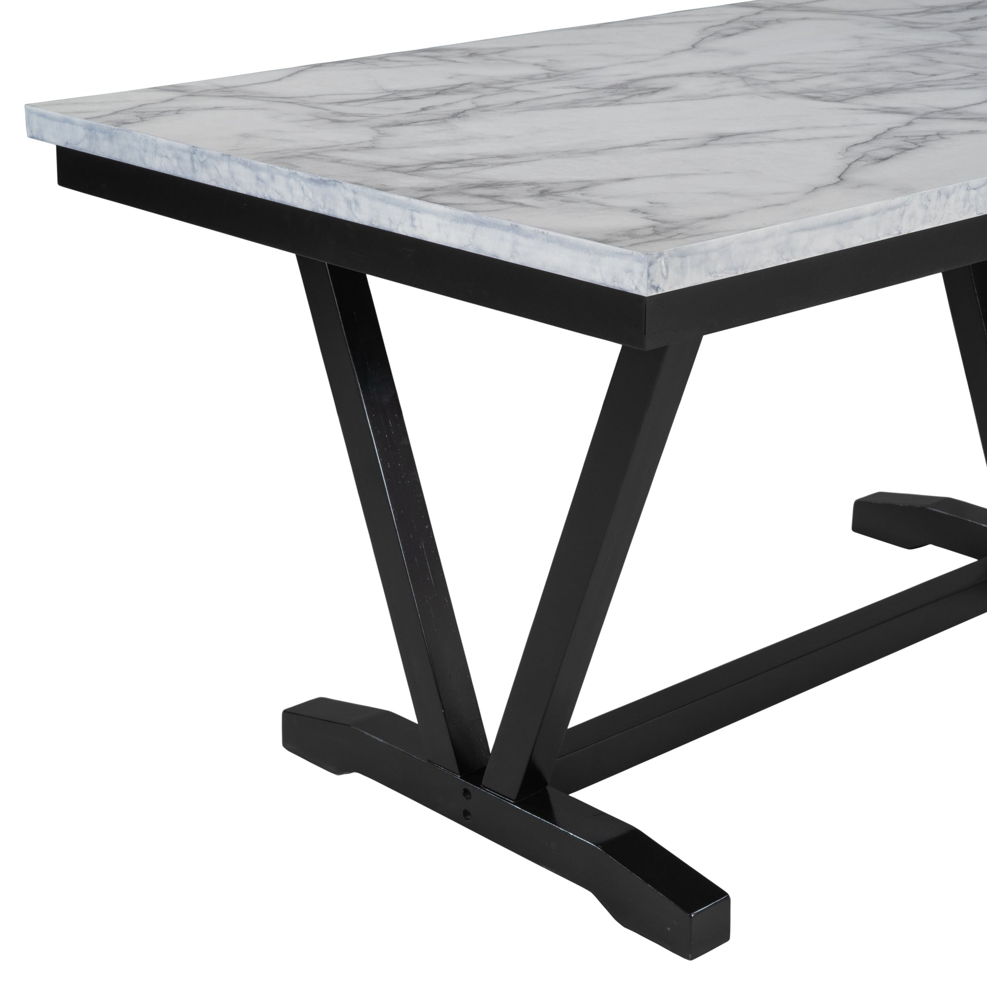 Modern Style 6 Piece Dining Table With 4 Chairs & 1 Bench, Table With Marbled Veneers Tabletop And V Shaped Table Legs White White Solid Wood