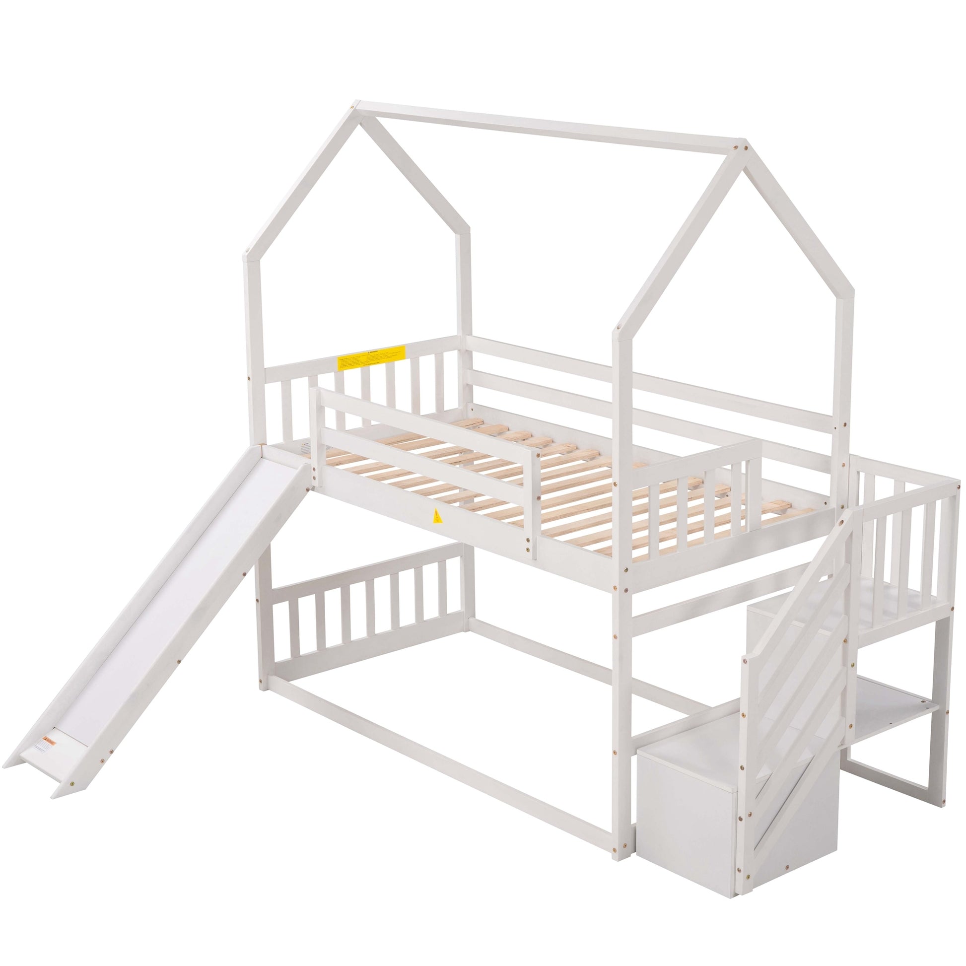 Twin Over Twin House Bunk Bed With Convertible Slide,Storage Staircase,White White Pine