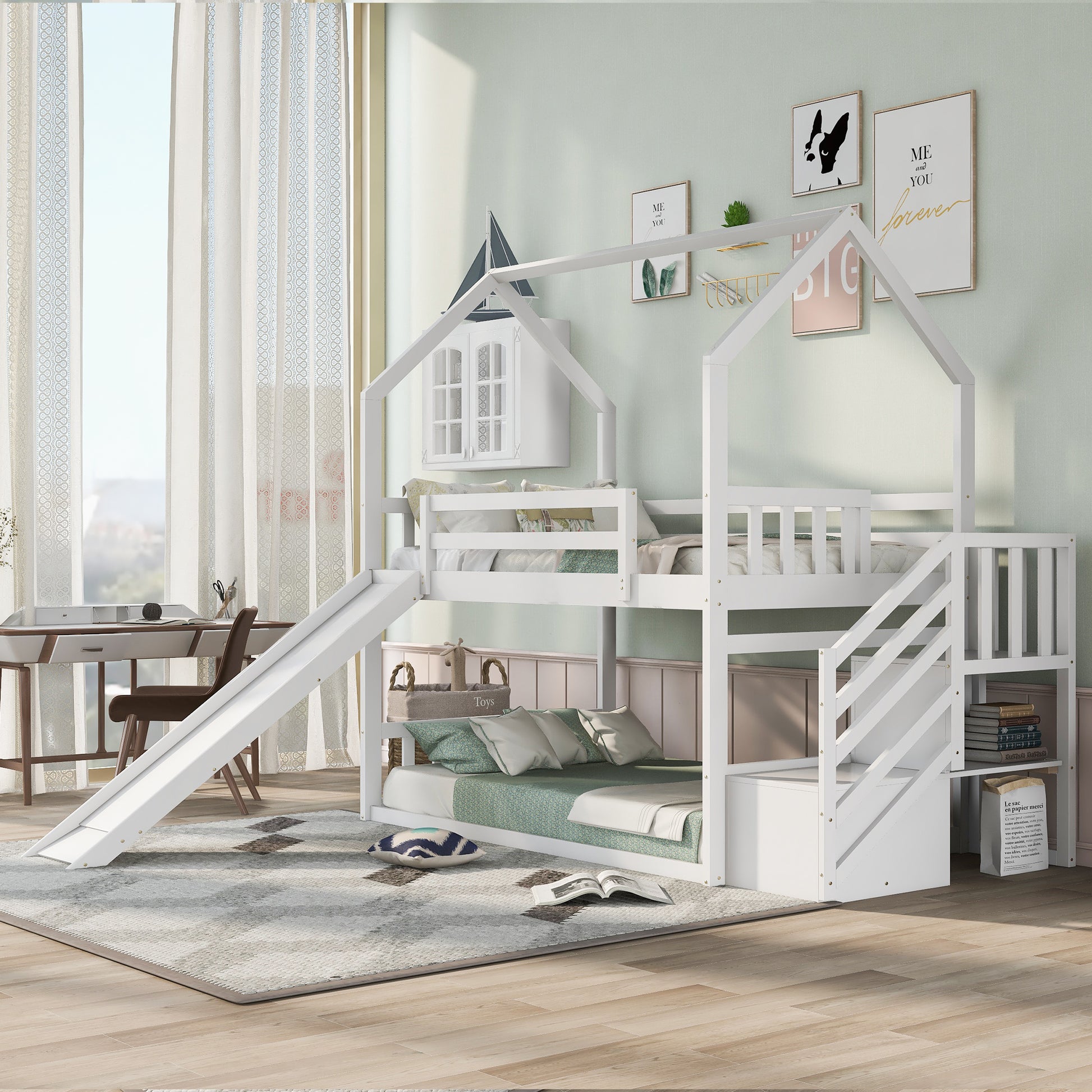 Twin Over Twin House Bunk Bed With Convertible Slide,Storage Staircase,White White Pine