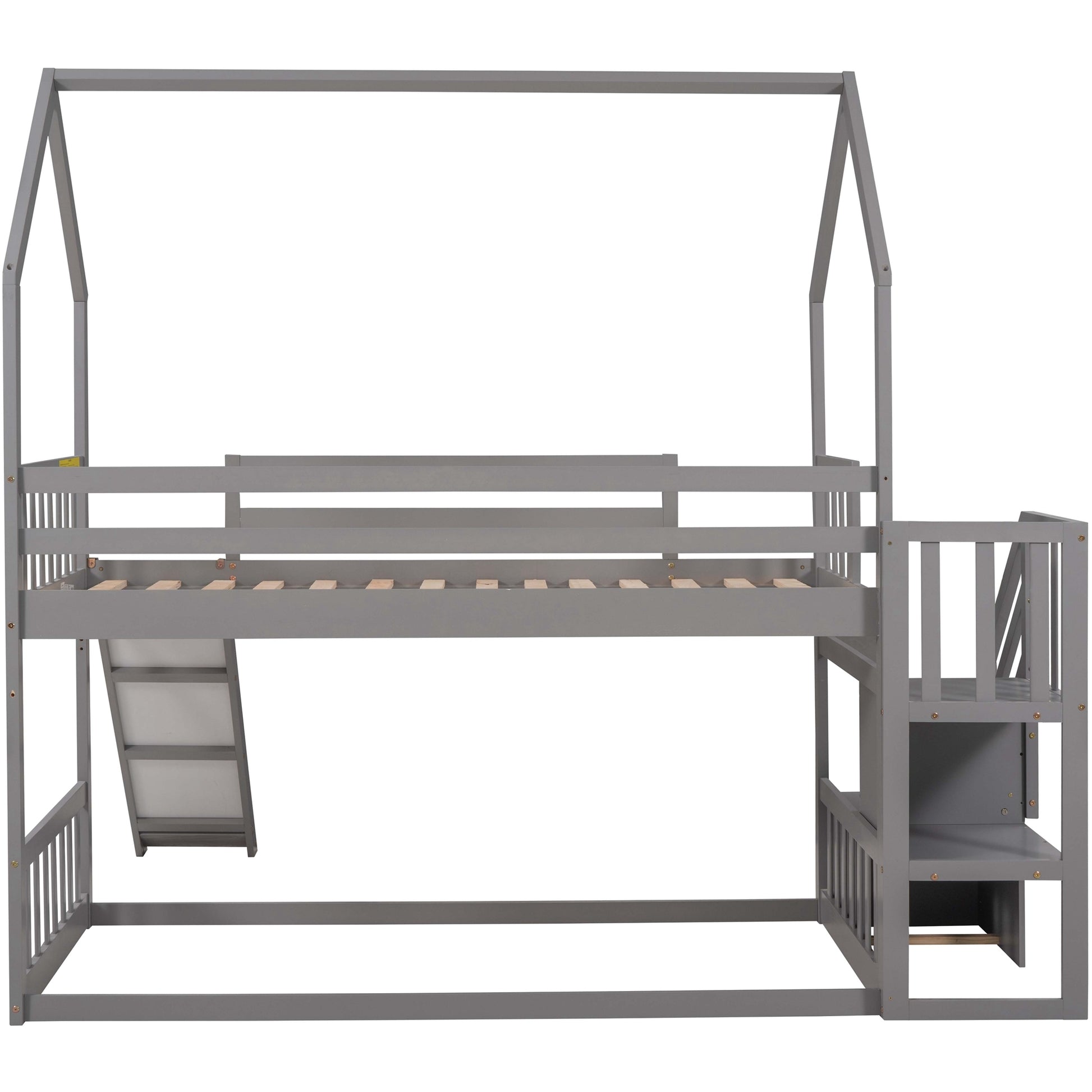 Twin Over Twin House Bunk Bed With Convertible Slide,Storage Staircase Can Be Placed Left Or Right,Gray Gray Pine