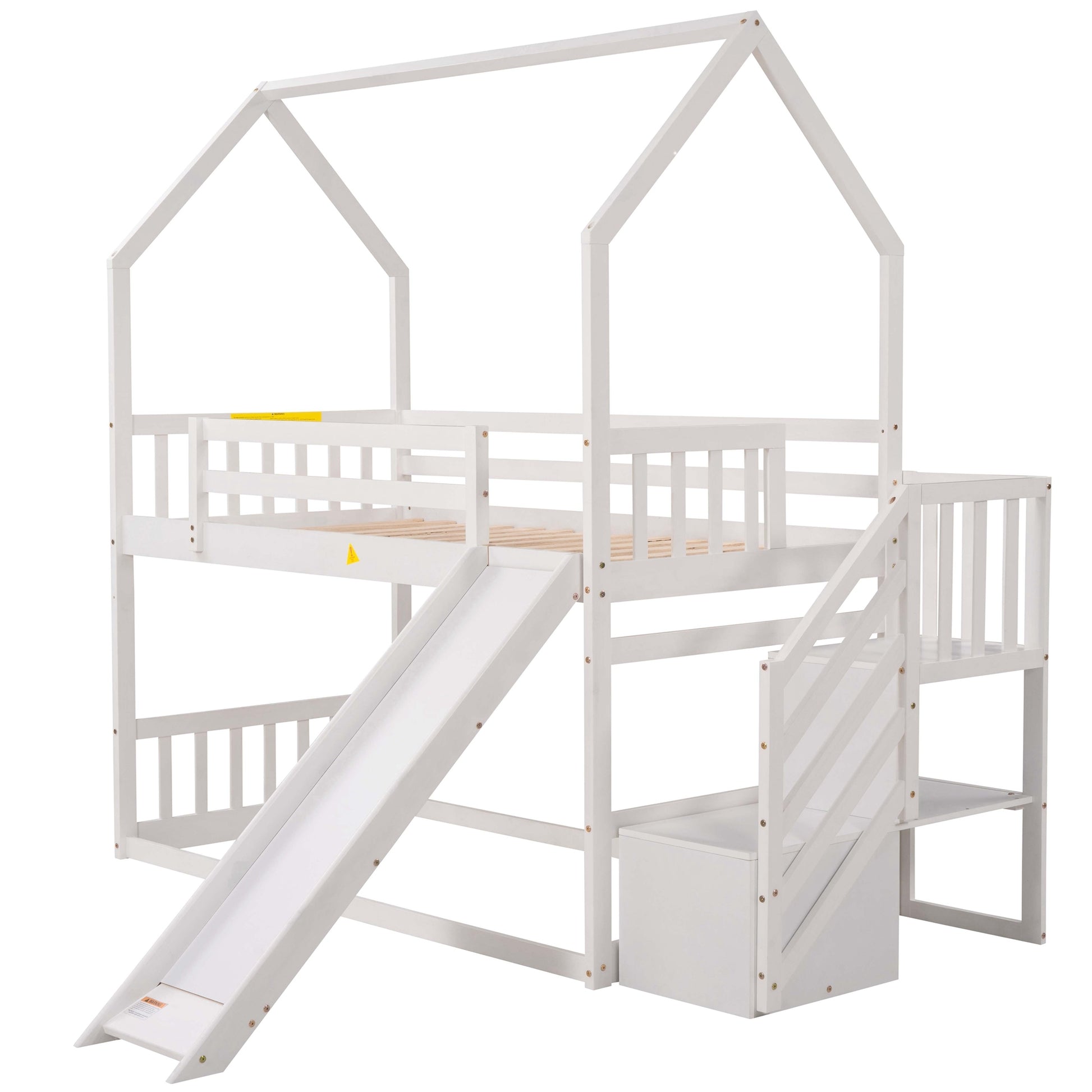 Twin Over Twin House Bunk Bed With Convertible Slide,Storage Staircase,White White Pine