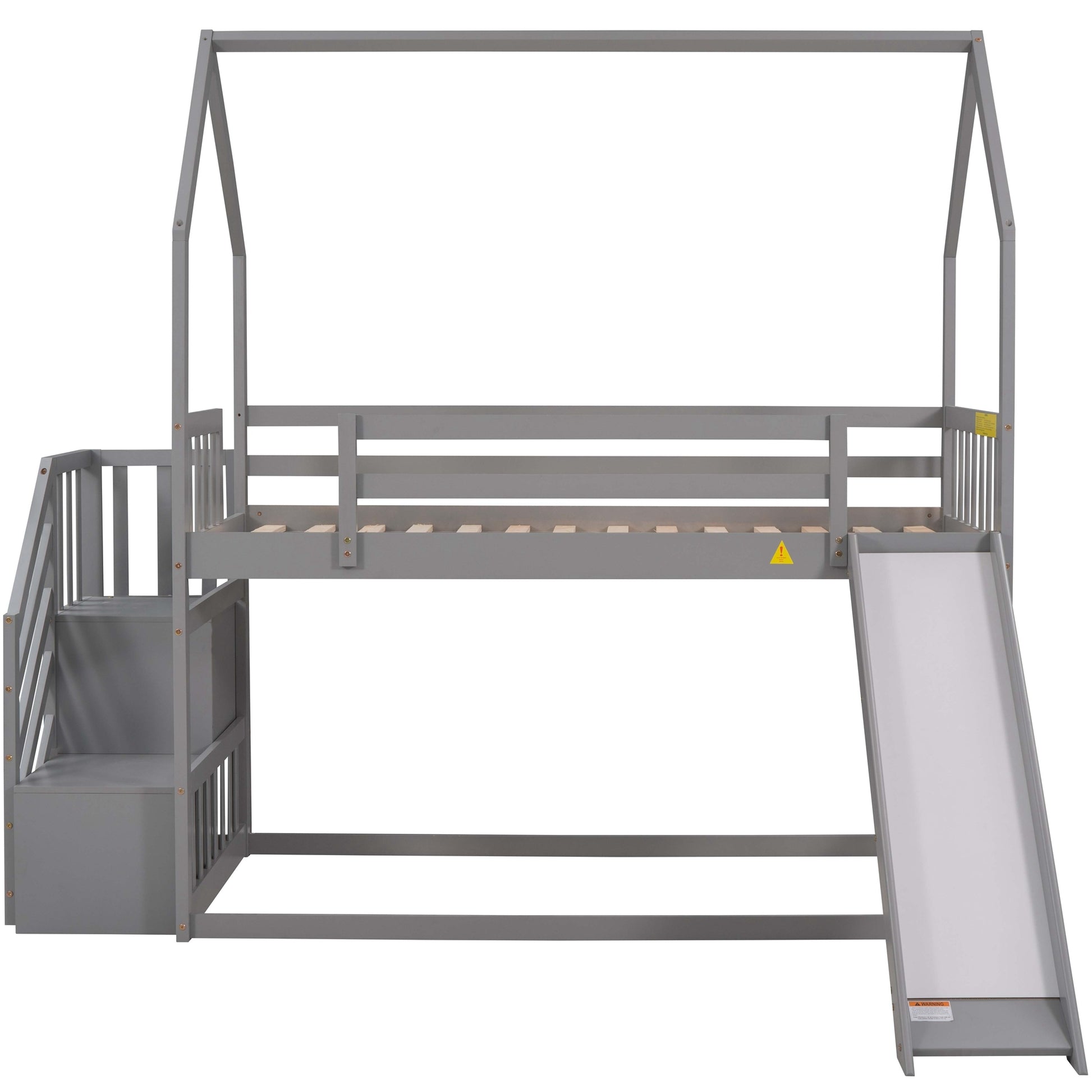 Twin Over Twin House Bunk Bed With Convertible Slide,Storage Staircase Can Be Placed Left Or Right,Gray Gray Pine