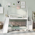 Twin Over Twin House Bunk Bed With Convertible Slide,Storage Staircase,White White Pine