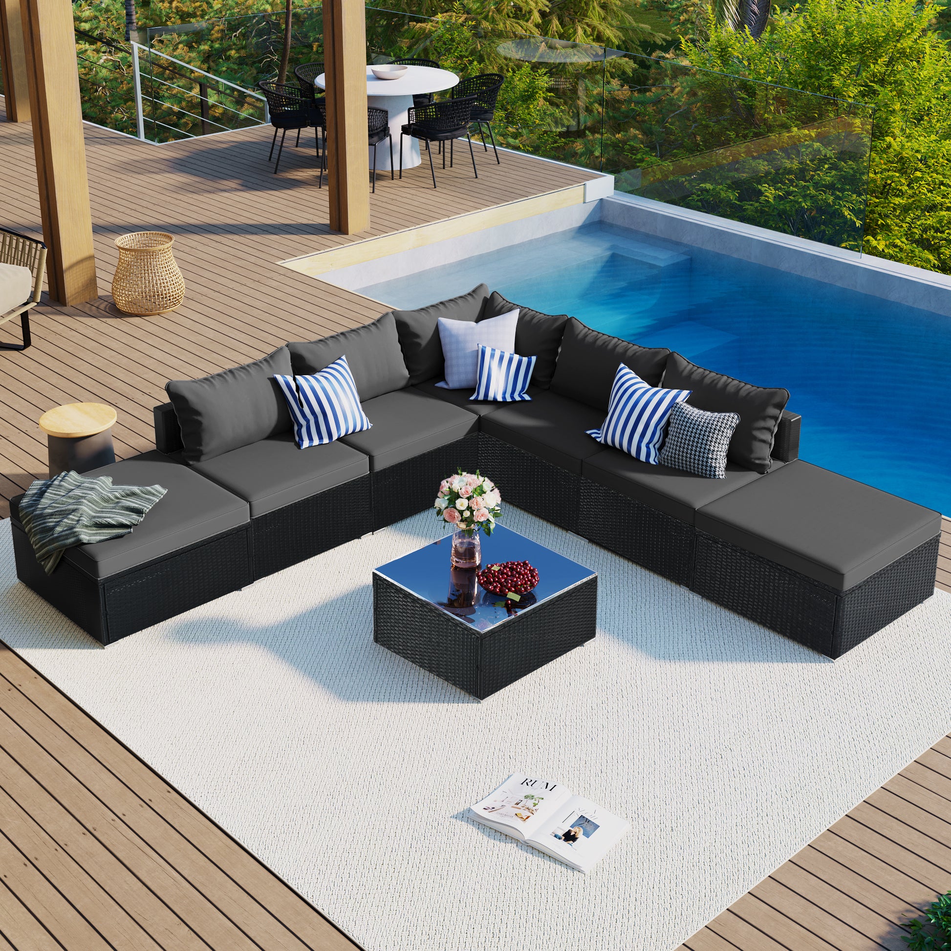 8 Pieces Outdoor Patio Furniture Sets, Garden Conversation Wicker Sofa Set, Single Sofa Combinable, Gray Cushions Black Wicker Yes Gray Wicker