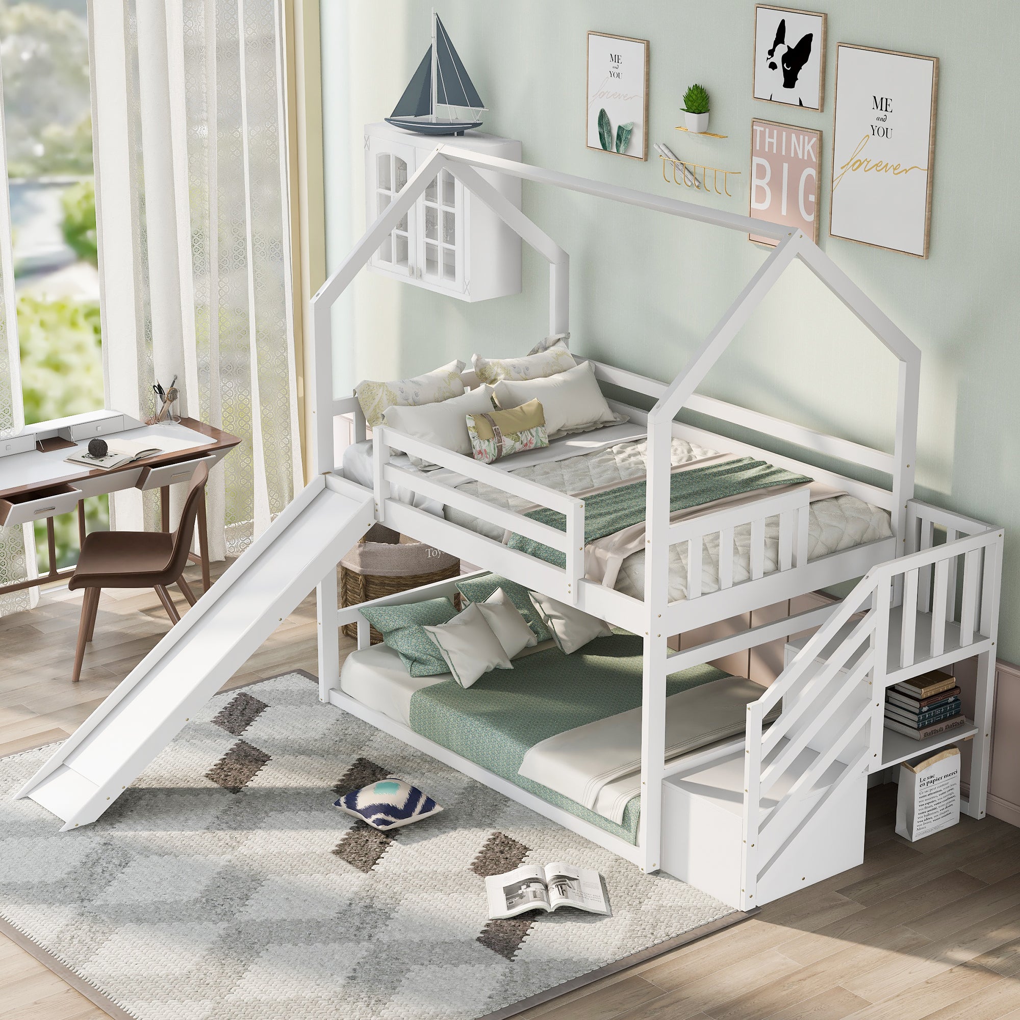 Twin Over Twin House Bunk Bed With Convertible Slide,Storage Staircase,White White Pine