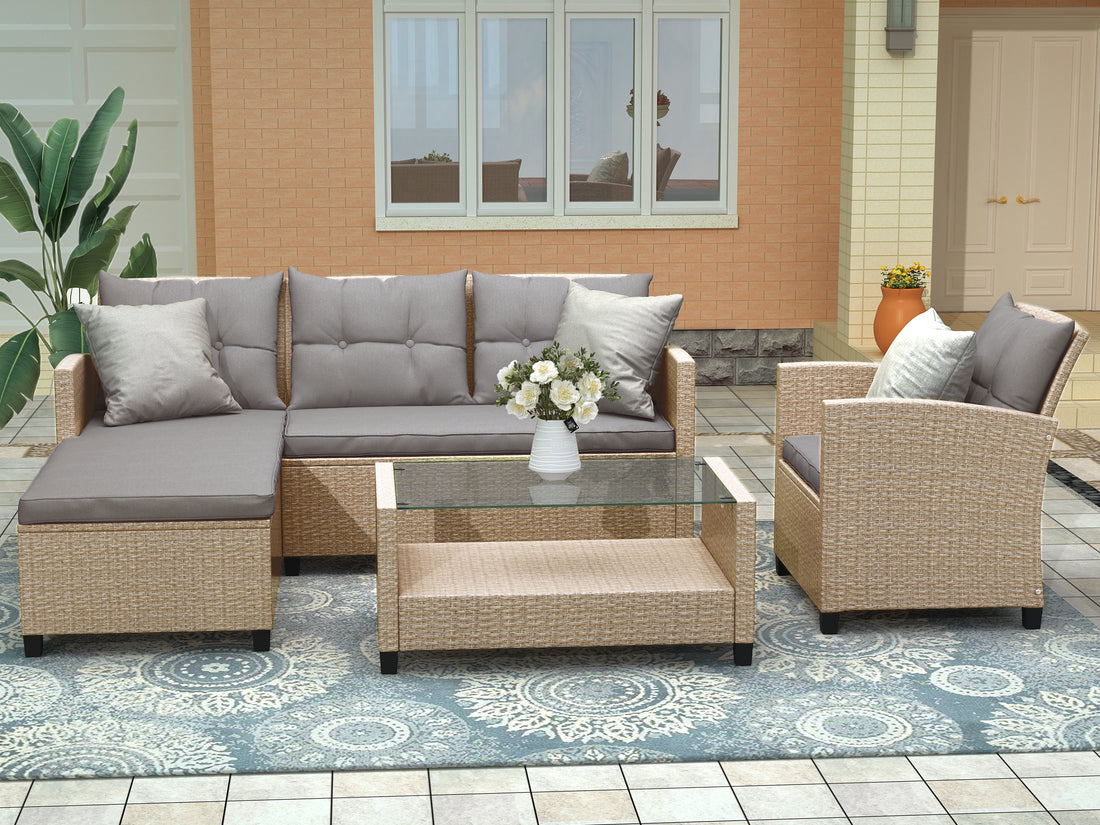 Outdoor, Patio Furniture Sets, 4 Piece Conversation Set Wicker Ratten Sectional Sofa With Seat Cushions Beige Brown Beige Brown Rattan