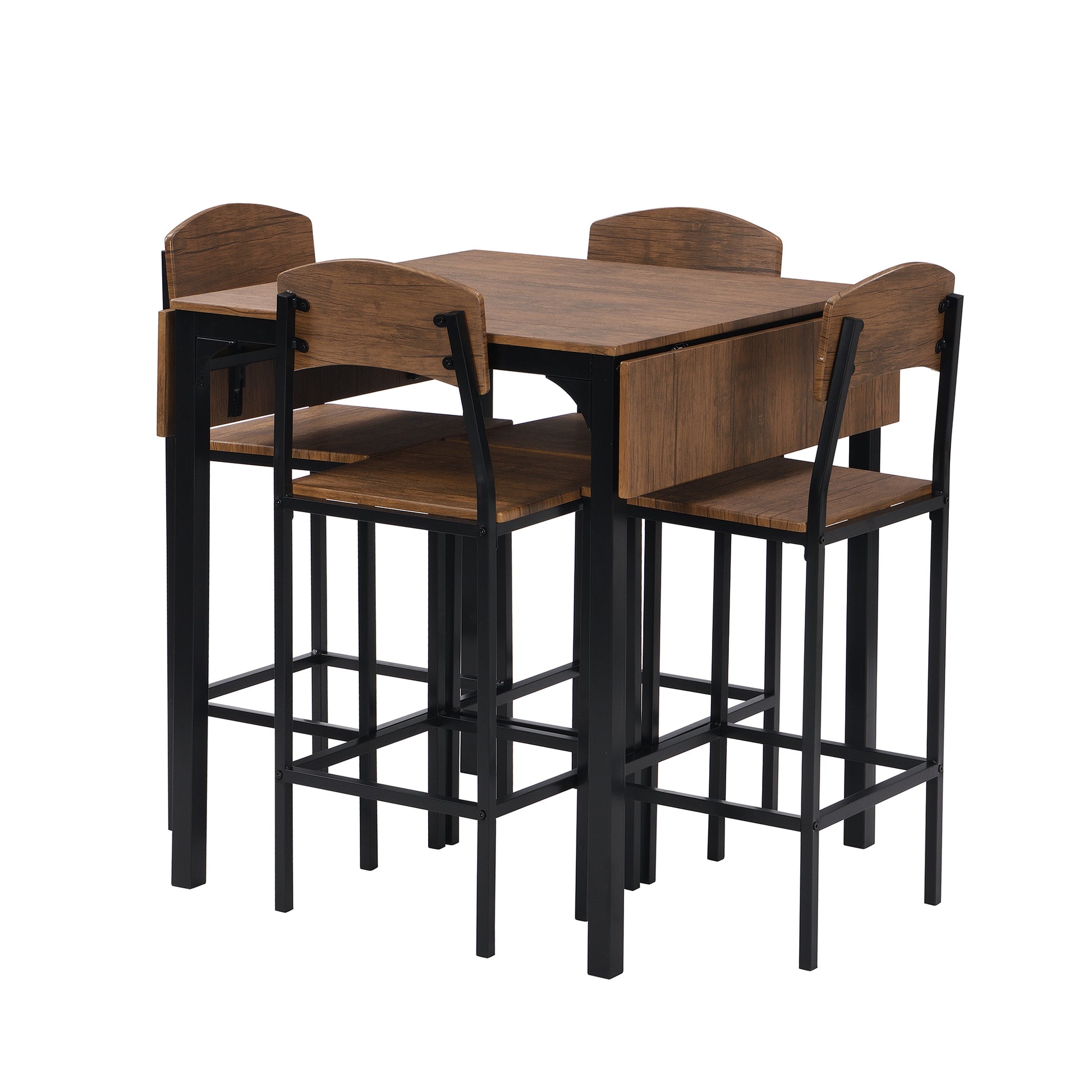 Farmhouse 5 Piece Counter Height Drop Leaf Dining Table Set With Dining Chairs For 4,Black Frame Brown Tabletop Brown Solid Back Seats 4 Metal Dining Room Drop Leaf Folding Farmhouse 4 Leg Rectangular Dining Table With Chair Metal