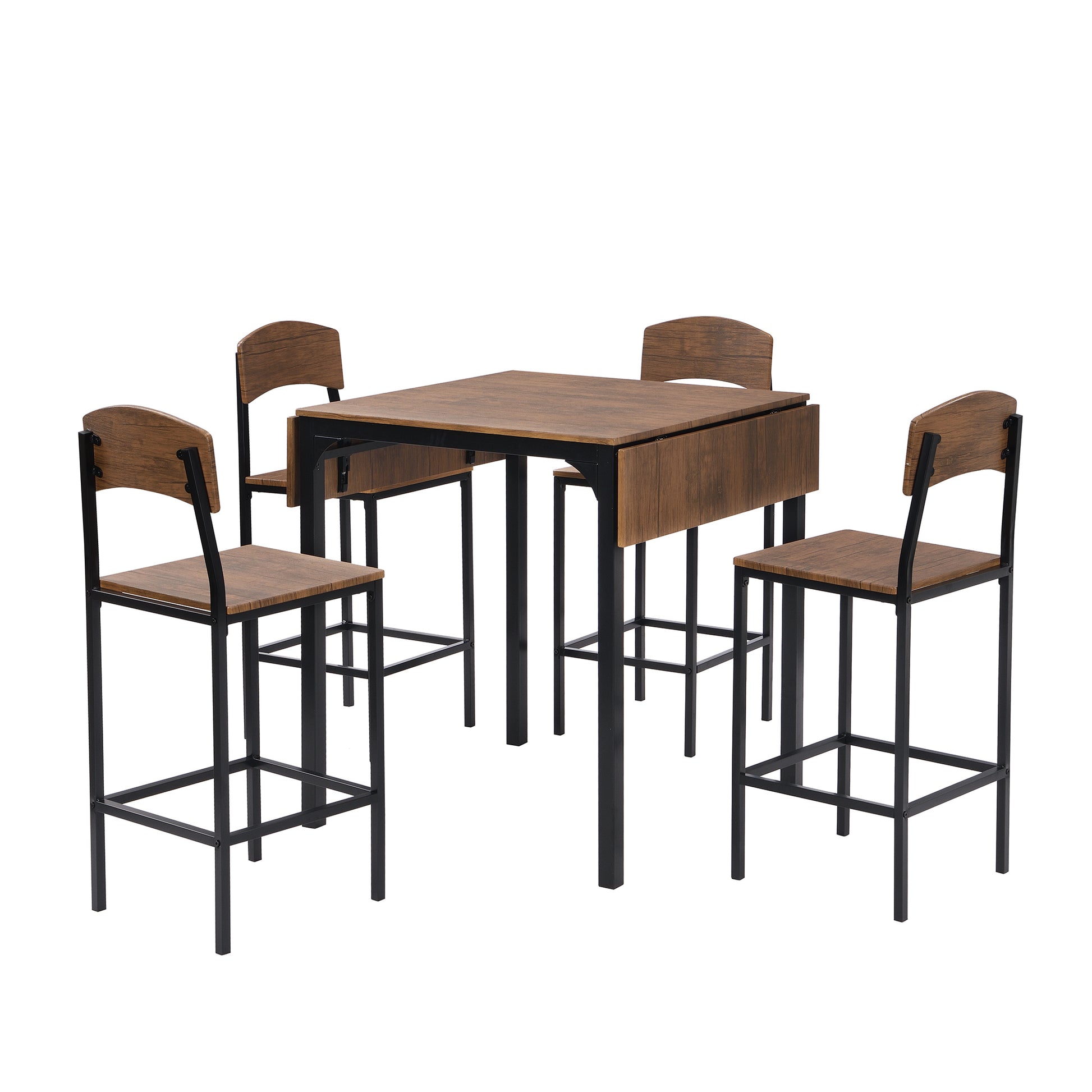 Farmhouse 5 Piece Counter Height Drop Leaf Dining Table Set With Dining Chairs For 4,Black Frame Brown Tabletop Brown Solid Back Seats 4 Metal Dining Room Drop Leaf Folding Farmhouse 4 Leg Rectangular Dining Table With Chair Metal