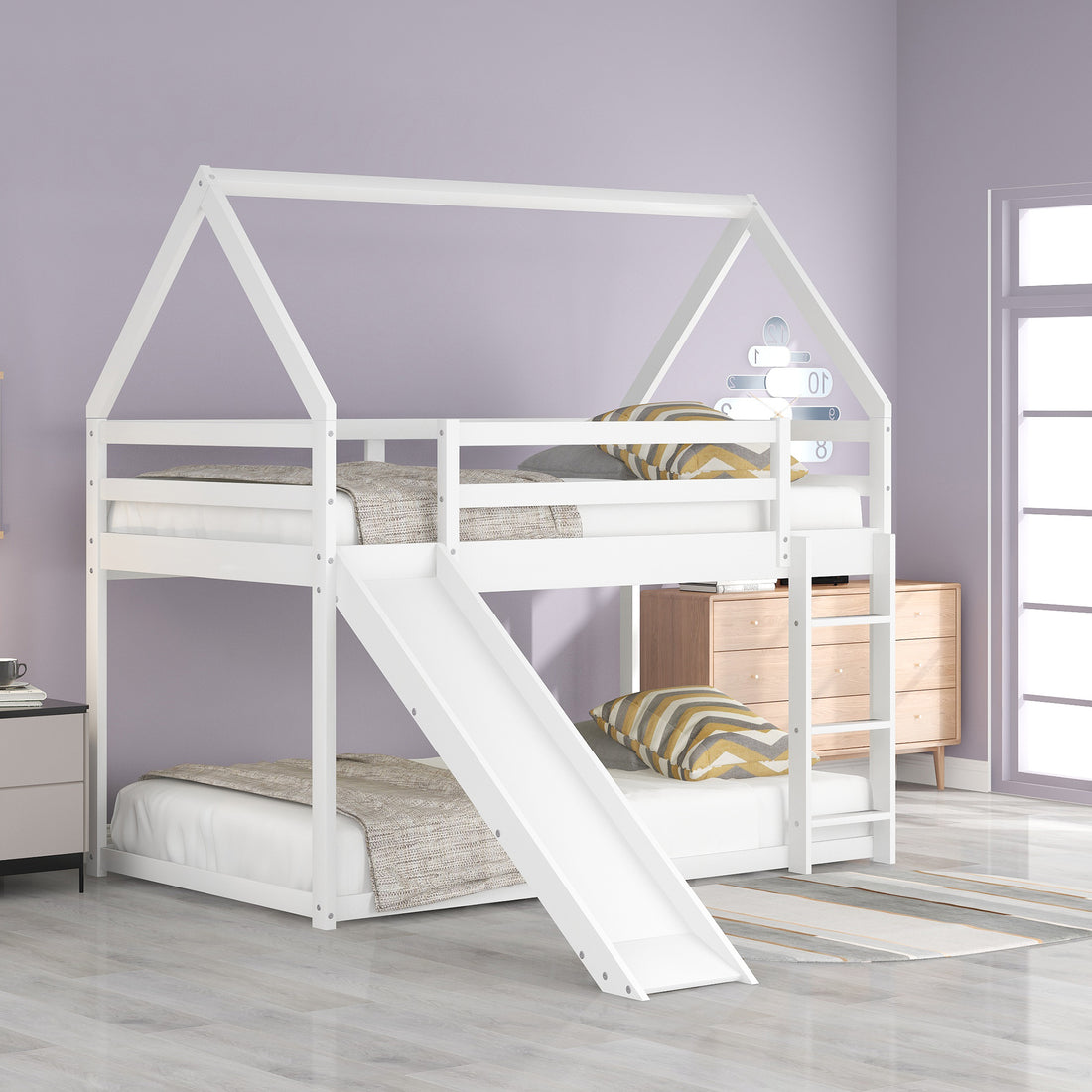 Twin Size Bunk House Bed With Slide And Ladder,White White Pine