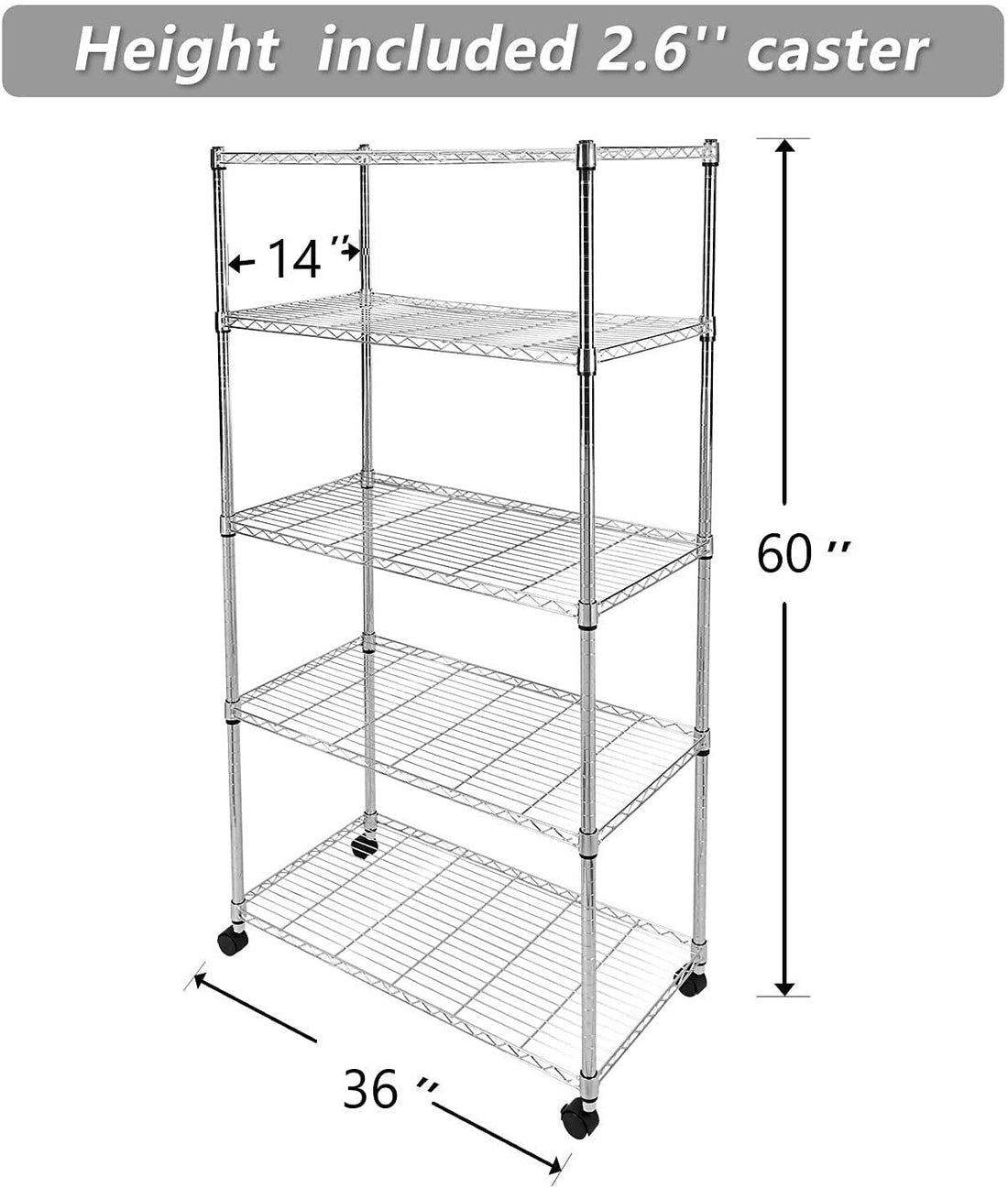 Simple Deluxe 5 Shelf Shelving With Wheels Steel Organizer 36"Wx14"Dx60"H Chrome Silver Aluminum