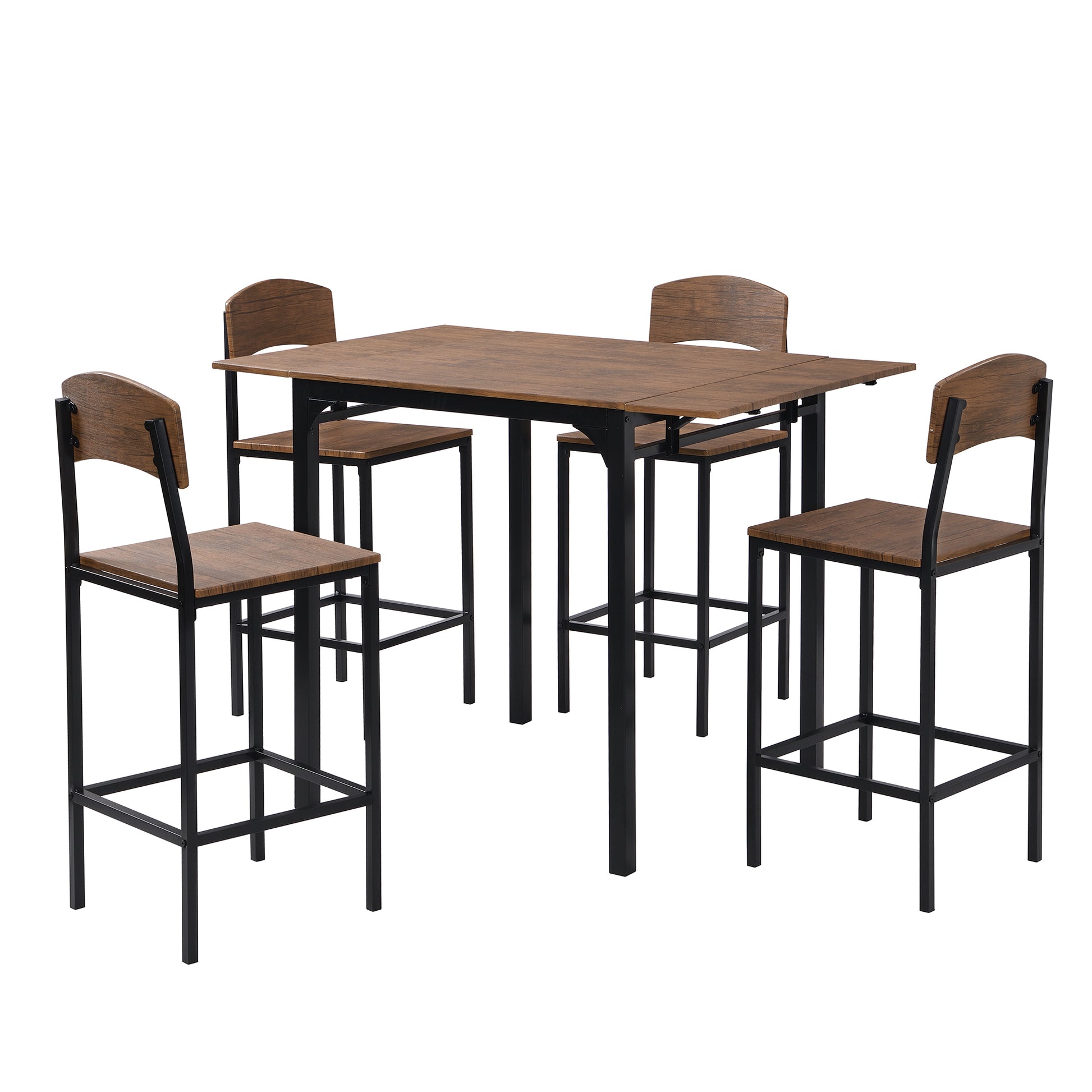 Farmhouse 5 Piece Counter Height Drop Leaf Dining Table Set With Dining Chairs For 4,Black Frame Brown Tabletop Brown Solid Back Seats 4 Metal Dining Room Drop Leaf Folding Farmhouse 4 Leg Rectangular Dining Table With Chair Metal