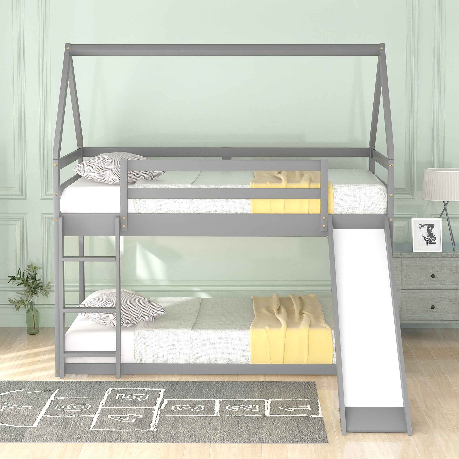 Twin Size Bunk House Bed With Slide And Ladder,Gray Twin Gray Pine