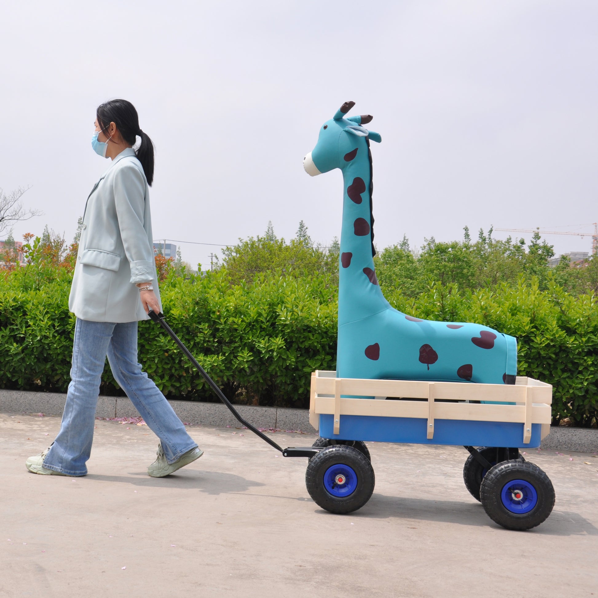 Outdoor Wagon All Terrain Pulling Wood Railing Air Tires Garden Cart Blue Steel