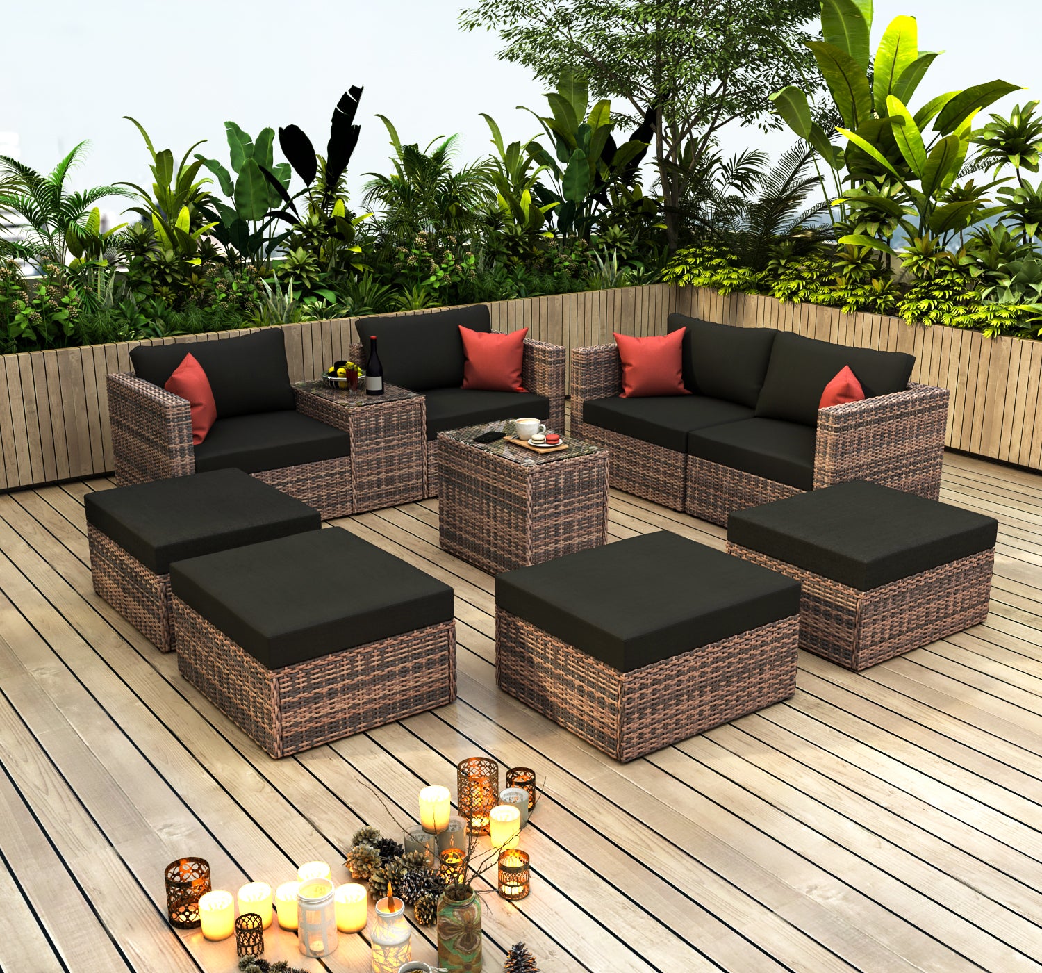 10 Pieces Outdoor Patio Garden Brown Wicker Sectional Conversation Sofa Set With Black Cushions And Red Pillows,W Furniture Protection Cover Yes Brown Seats 8 Mildew Resistant Frame Garden & Outdoor