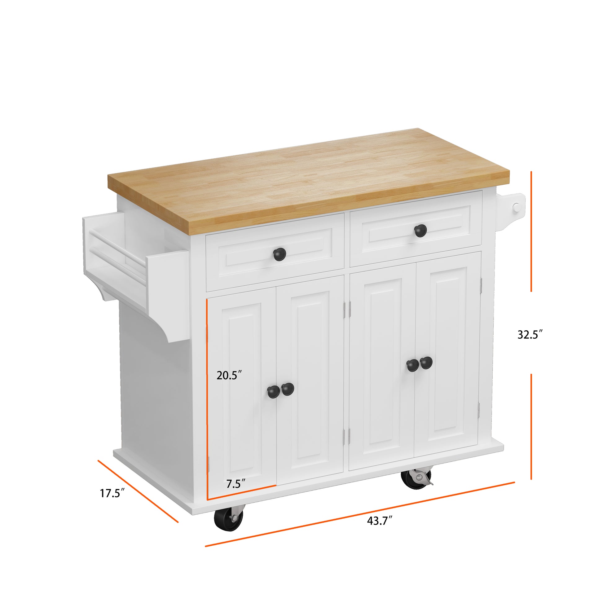 Kitchen Island Cart With Two Storage Cabinets And Two Locking Wheels,43.31 Inch Width,4 Door Cabinet And Two Drawers,Spice Rack, Towel Rack White White Mdf