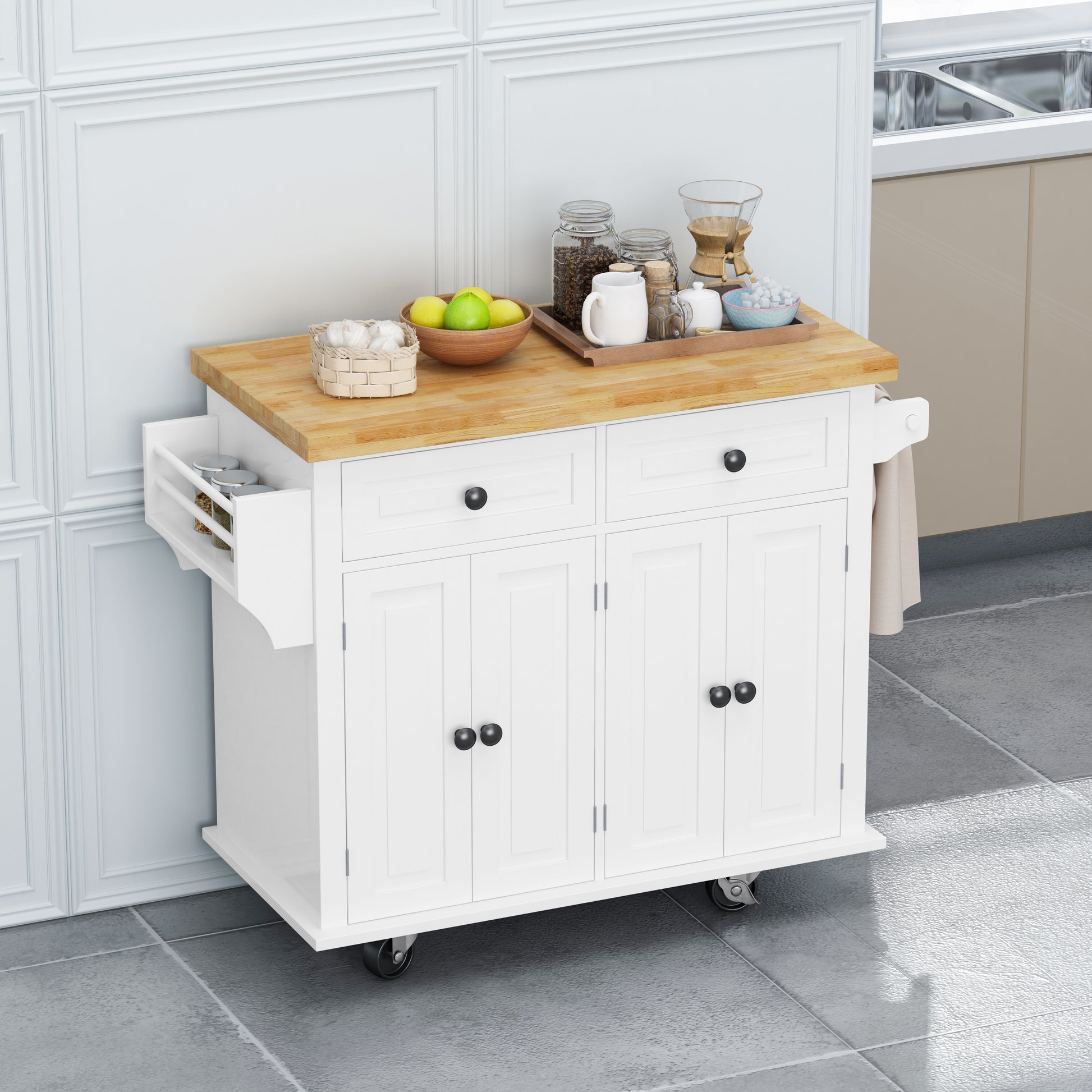Kitchen Island Cart With Two Storage Cabinets And Two Locking Wheels,43.31 Inch Width,4 Door Cabinet And Two Drawers,Spice Rack, Towel Rack White White Mdf