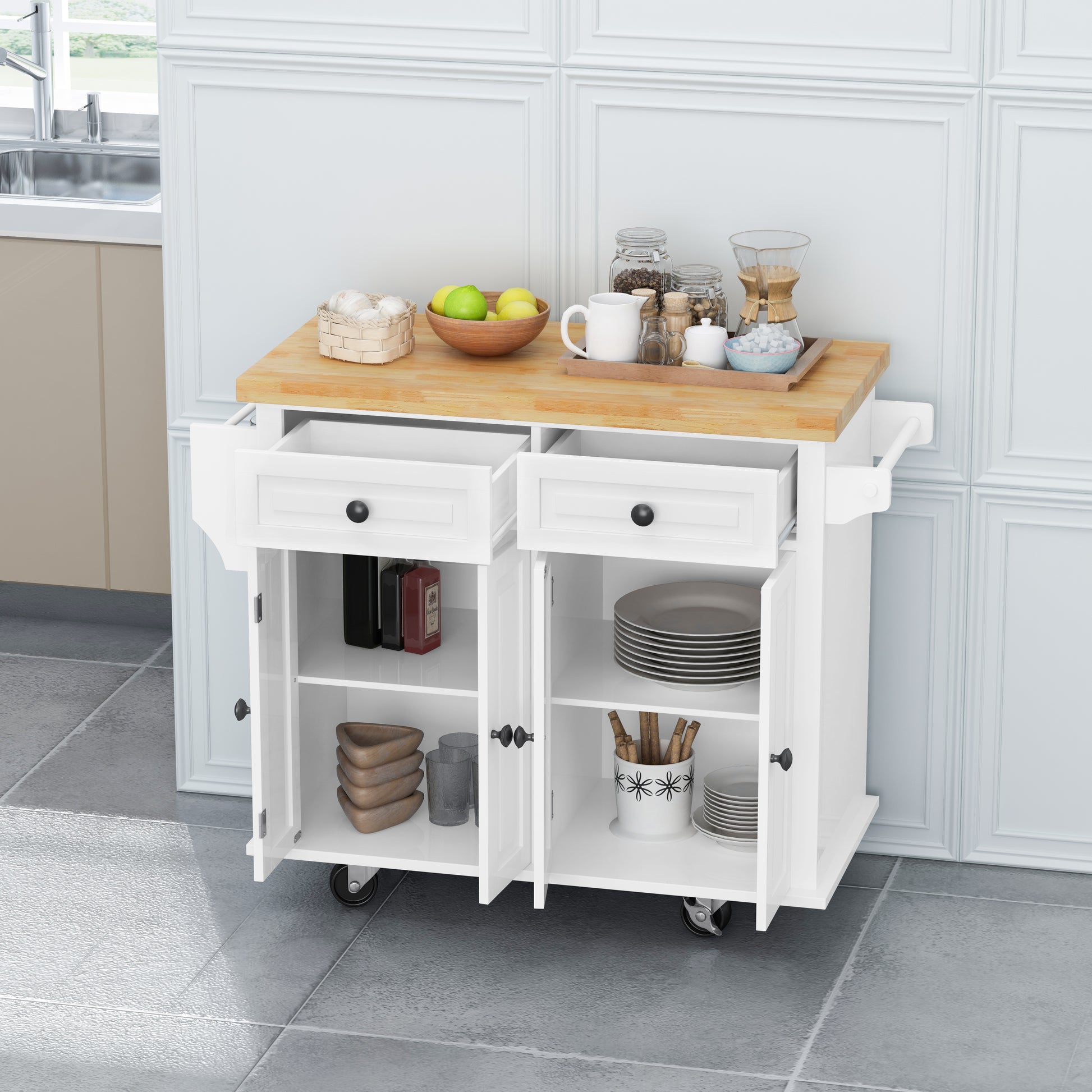 Kitchen Island Cart With Two Storage Cabinets And Two Locking Wheels,43.31 Inch Width,4 Door Cabinet And Two Drawers,Spice Rack, Towel Rack White White Mdf
