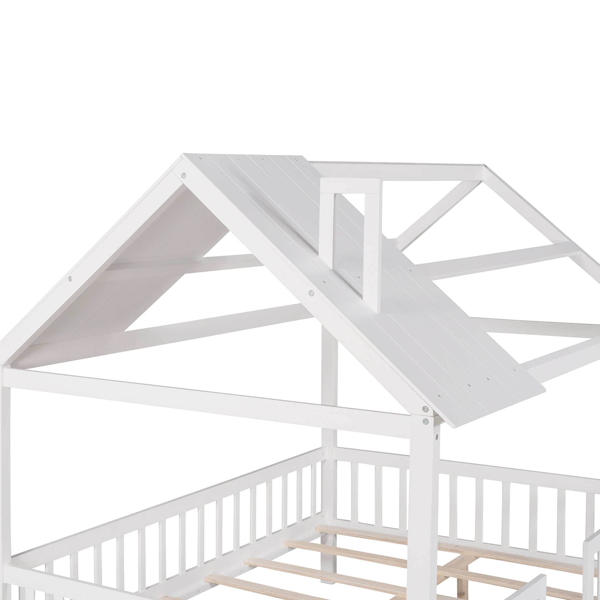 Full Size Wood House Bed With Fence, White White Solid Wood