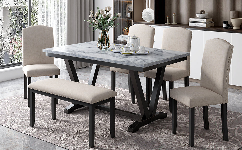 Modern Style 6 Piece Dining Table With 4 Chairs & 1 Bench, Table With Marbled Veneers Tabletop And V Shaped Table Legs White White Solid Wood