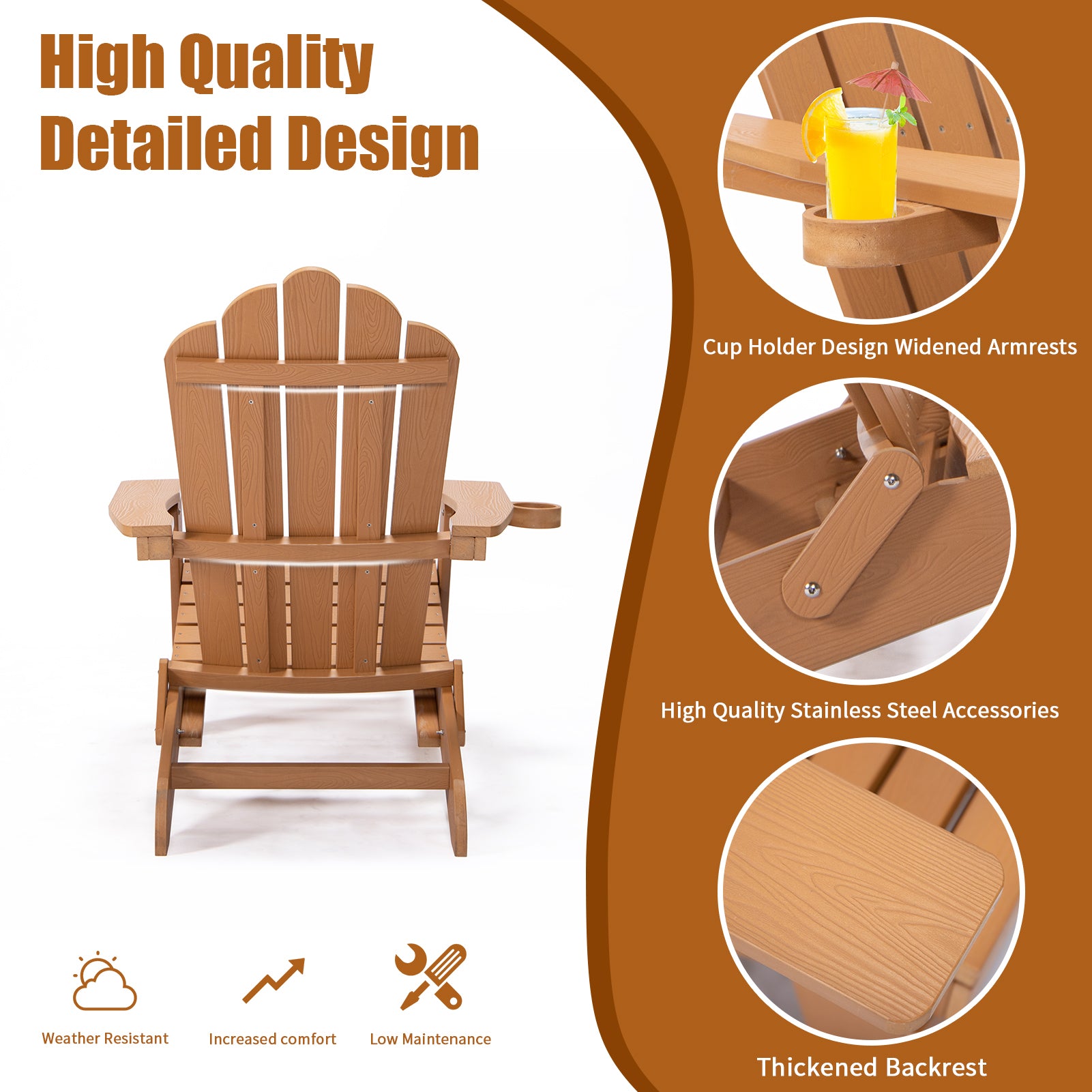 Tale Folding Adirondack Chair With Pullout Ottoman With Cup Holder, Oversized, Poly Lumber, For Patio Deck Garden, Backyard Furniture, Easy To Install,Brown. Ban On Brown Wood Polyethylene