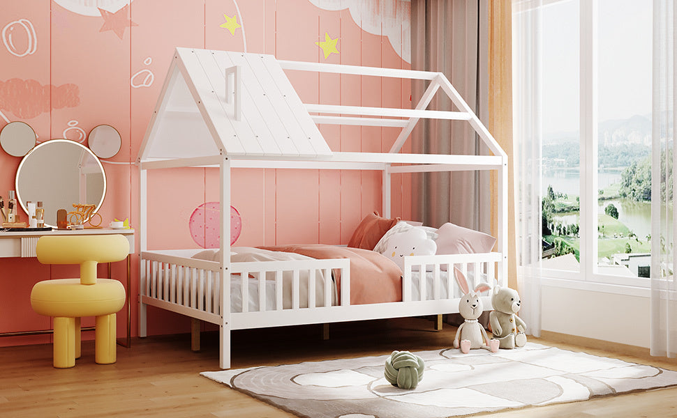 Full Size Wood House Bed With Fence, White White Solid Wood