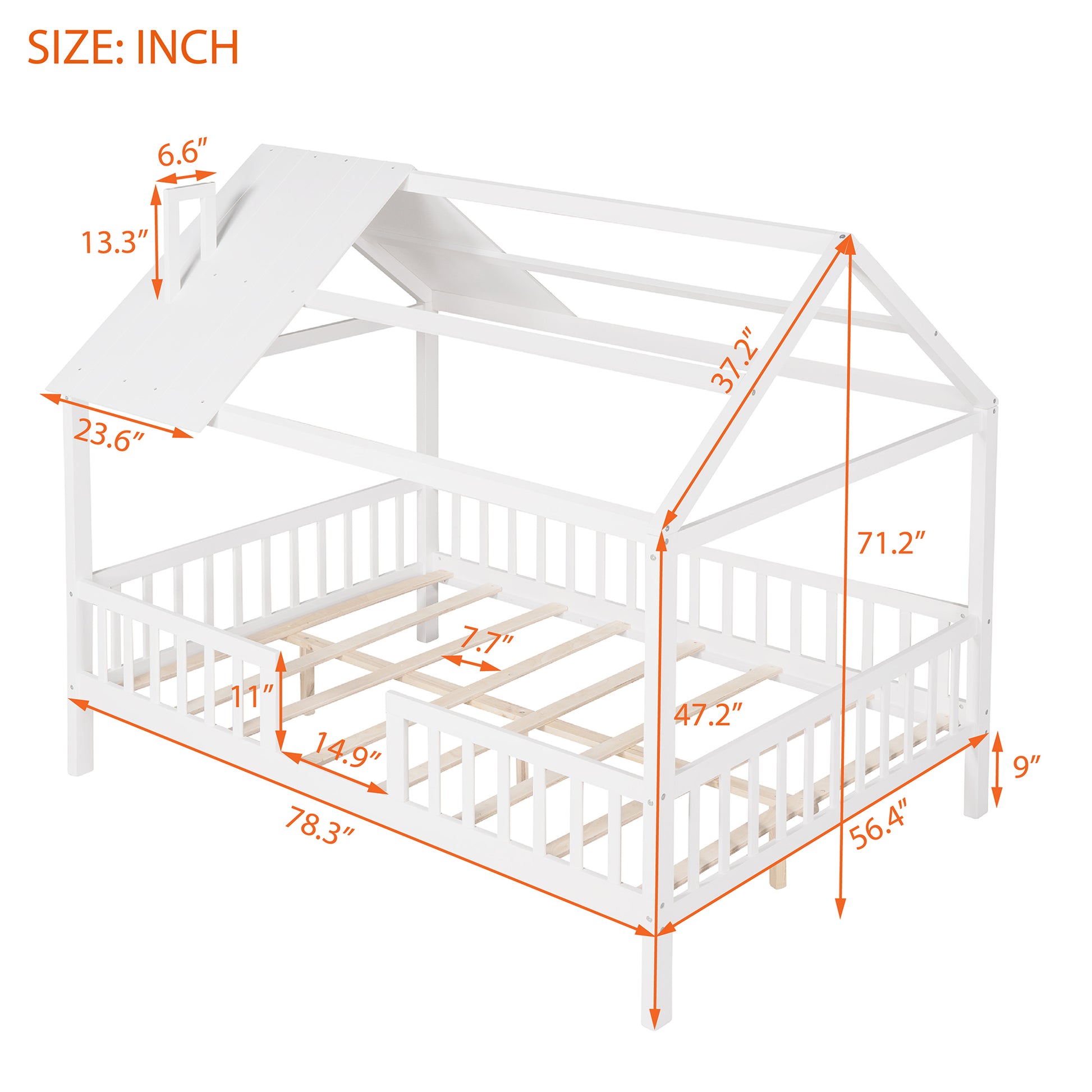 Full Size Wood House Bed With Fence, White White Solid Wood