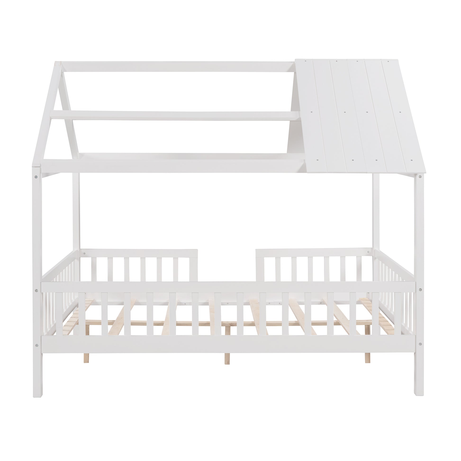 Full Size Wood House Bed With Fence, White White Solid Wood