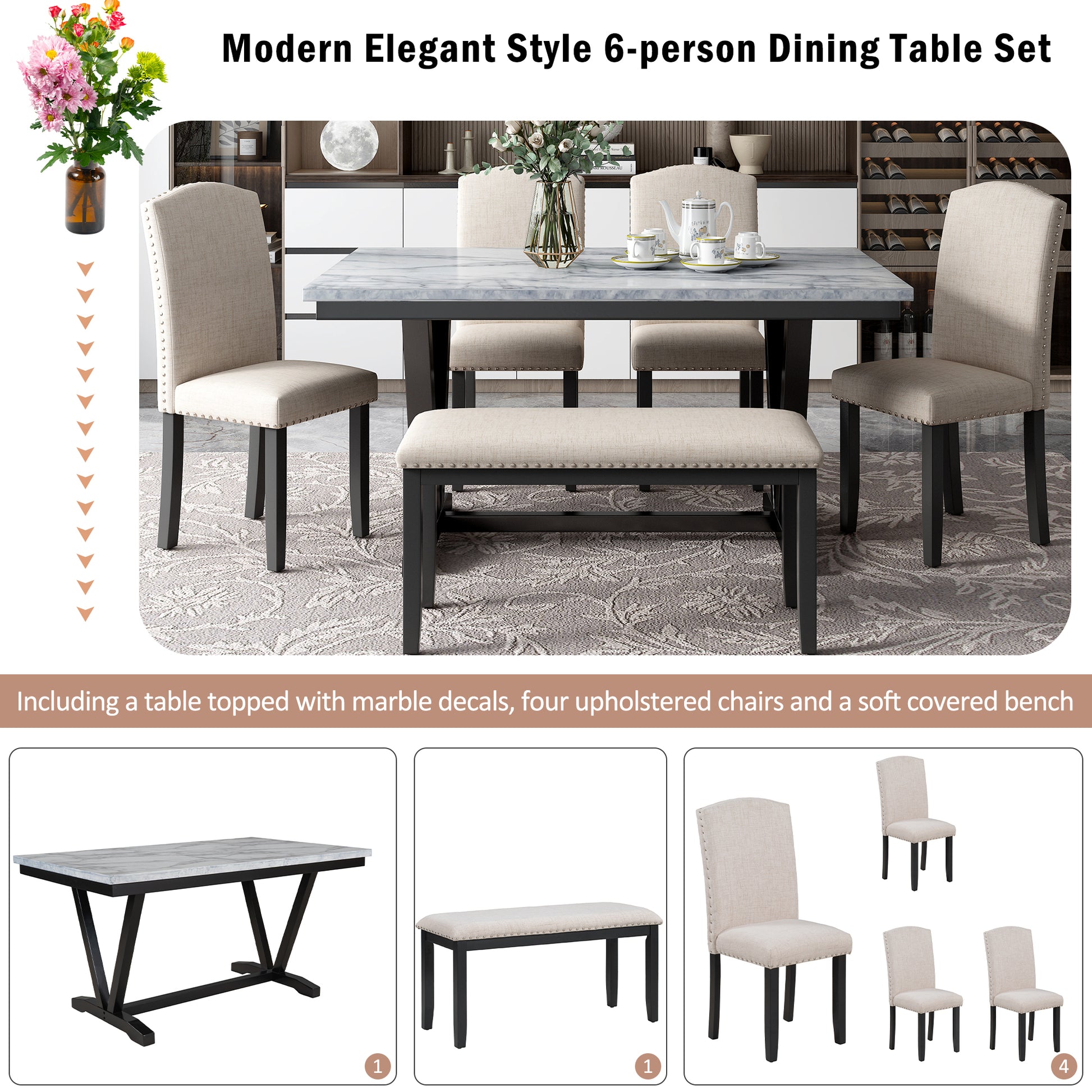 Modern Style 6 Piece Dining Table With 4 Chairs & 1 Bench, Table With Marbled Veneers Tabletop And V Shaped Table Legs White White Solid Wood