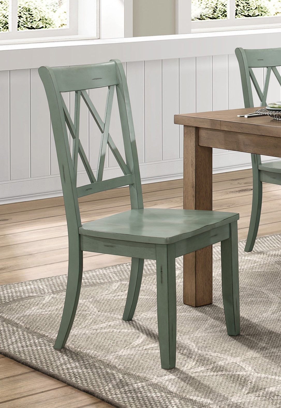 Casual Teal Finish Side Chairs Set Of 2 Pine Veneer Transitional Double X Back Design Dining Room Furniture Teal Dining Room Transitional Side Chair Wood