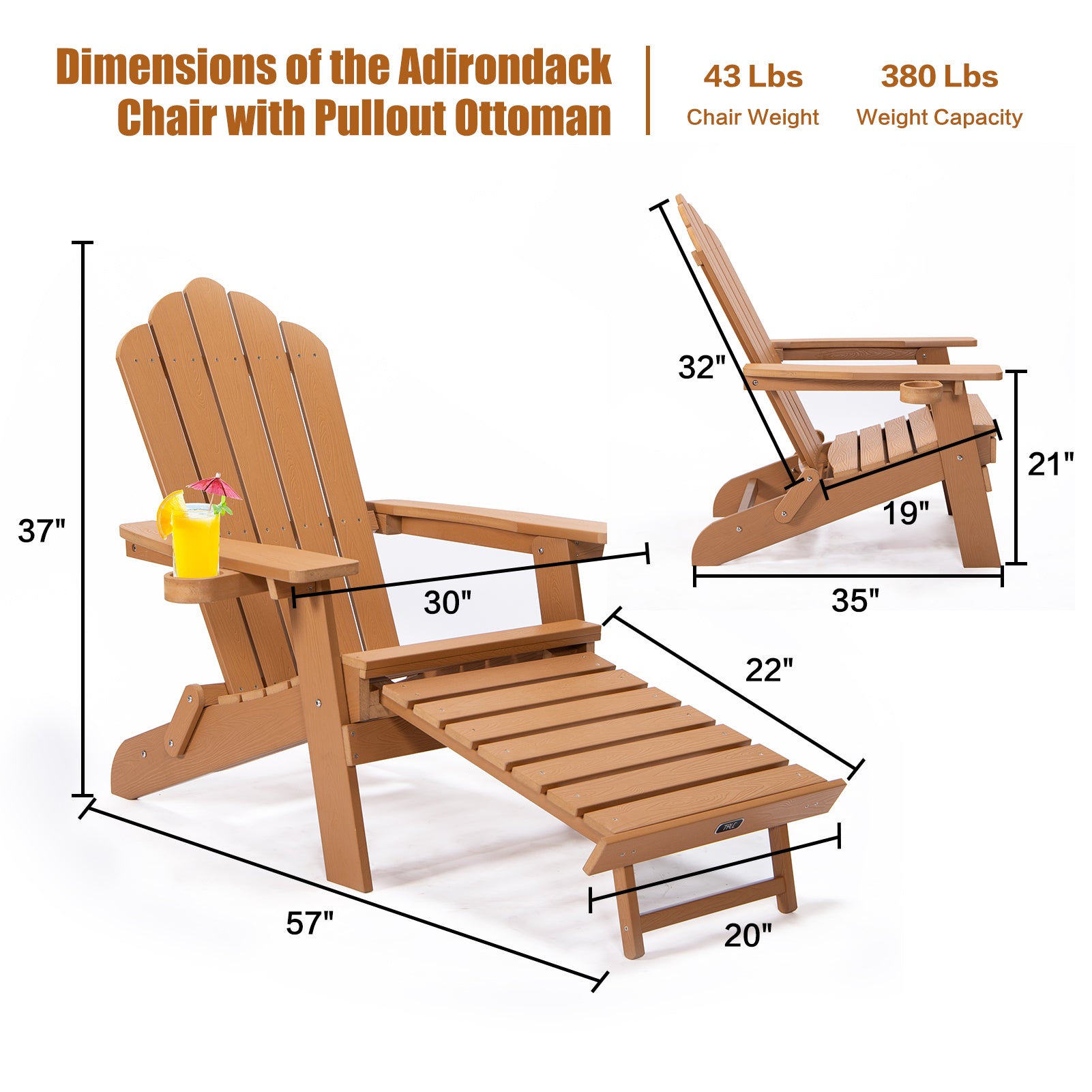 Tale Folding Adirondack Chair With Pullout Ottoman With Cup Holder, Oversized, Poly Lumber, For Patio Deck Garden, Backyard Furniture, Easy To Install,Brown. Ban On Brown Wood Polyethylene