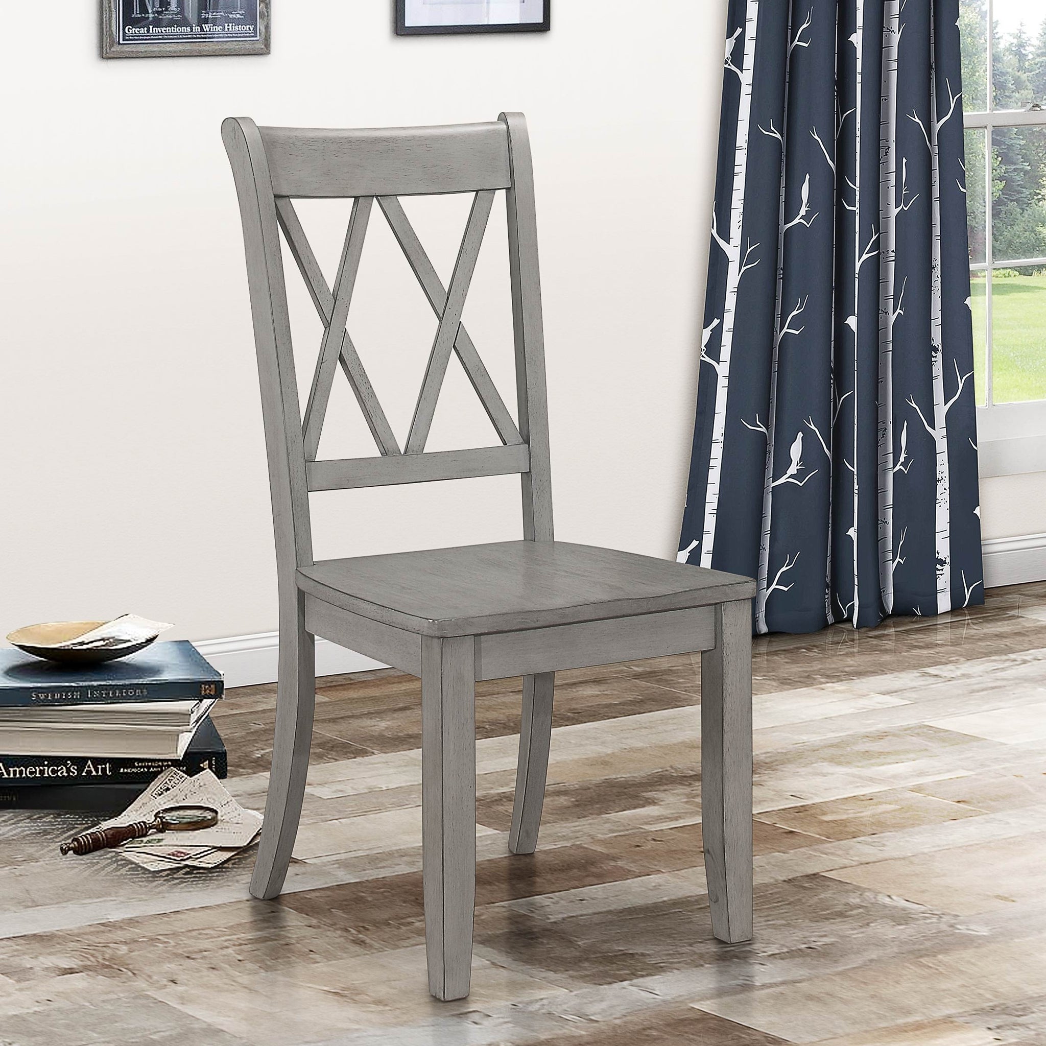 Casual Gray Finish Side Chairs Set Of 2 Pine Veneer Transitional Double X Back Design Dining Room Furniture Gray Dining Room Transitional Side Chair Wood