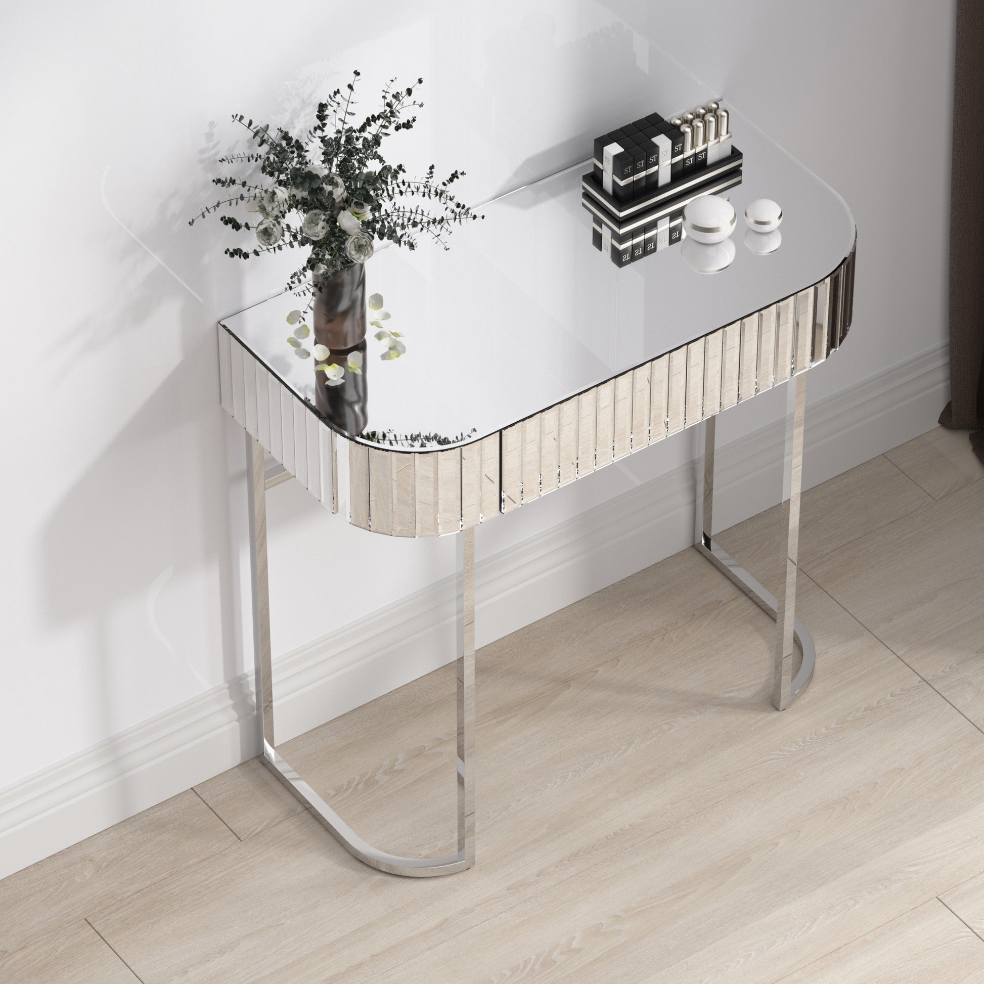 Mirrored Vanity Table, Mirrored Dressing Table, Stainless Steel Glossy Frame Desk For Bedroom Studio Office Gray Striped Mirrored Silver Glass