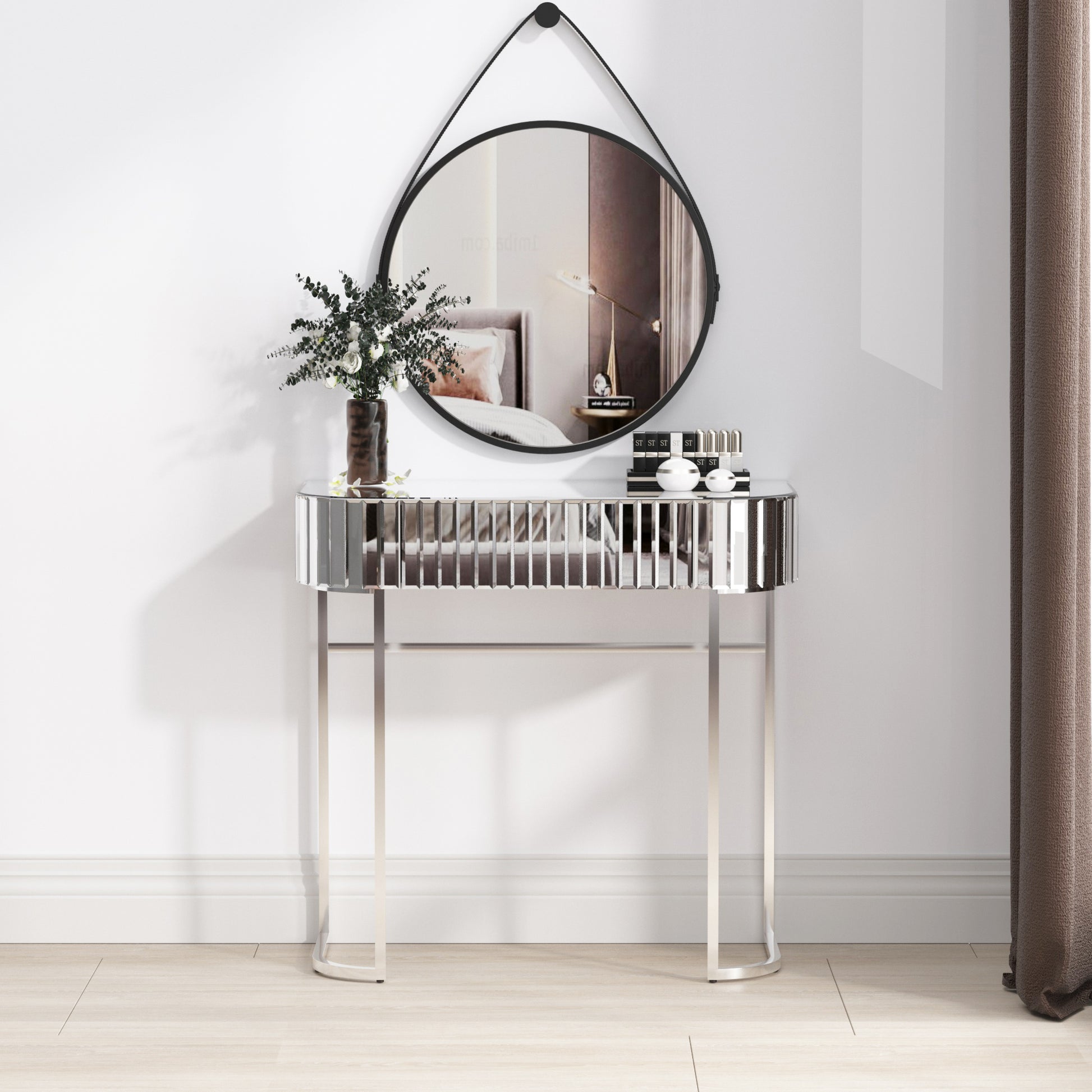 Mirrored Vanity Table, Mirrored Dressing Table, Stainless Steel Glossy Frame Desk For Bedroom Studio Office Gray Striped Mirrored Silver Glass