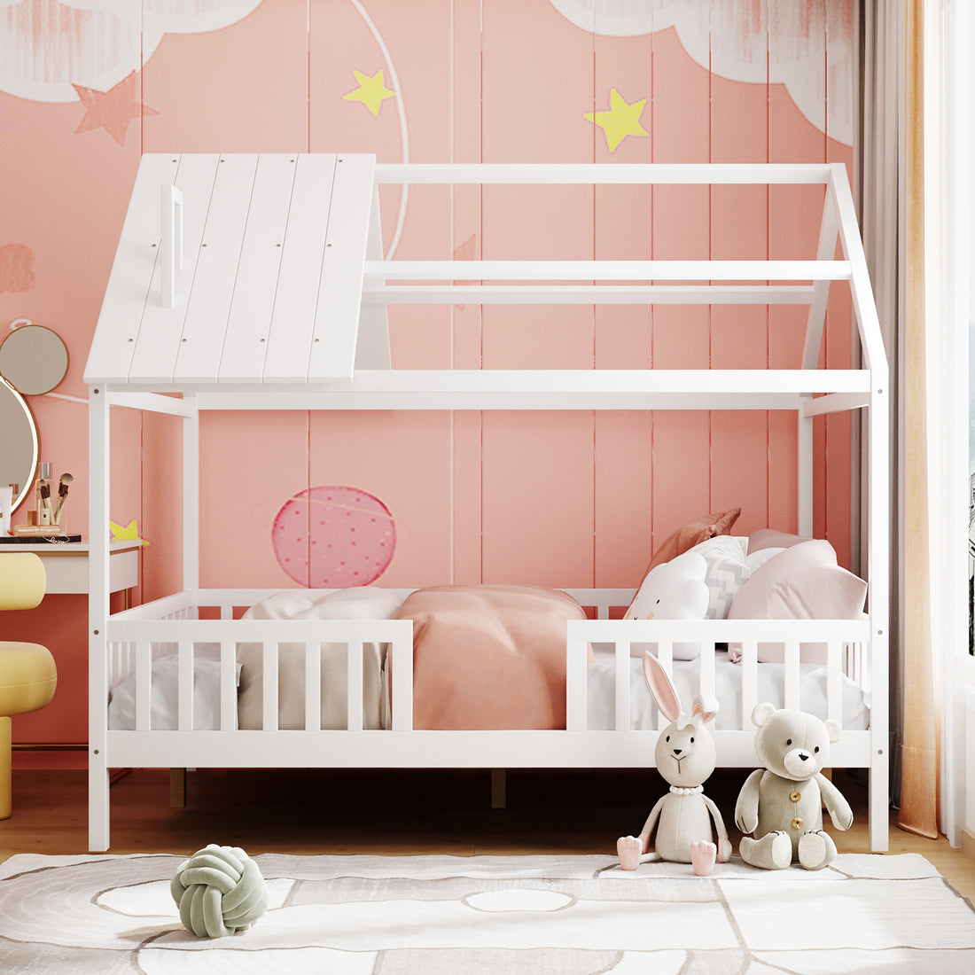 Full Size Wood House Bed With Fence, White White Solid Wood